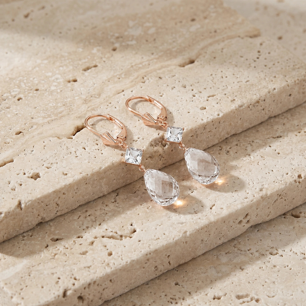 Rose Gold Petal Earrings White Topaz 10K — Fabiola