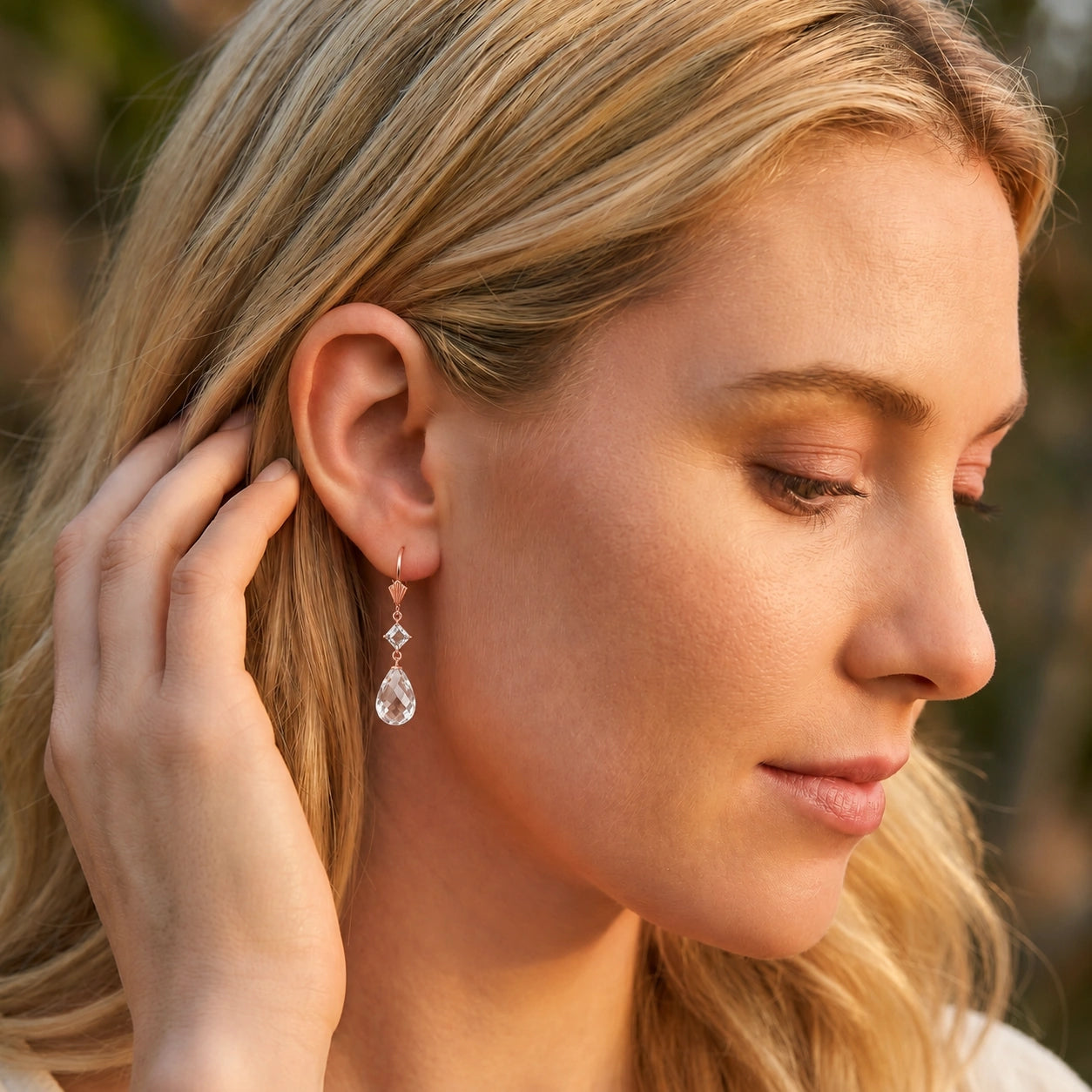 Rose Gold Petal Earrings White Topaz 10K — Fabiola