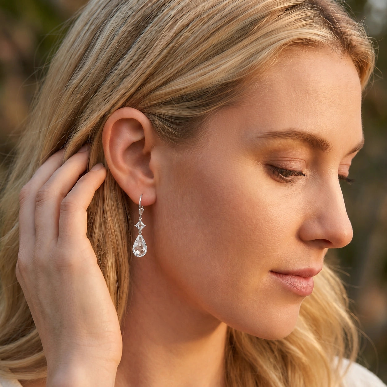 White Gold Petal Earrings White Topaz 10K — Fabiola