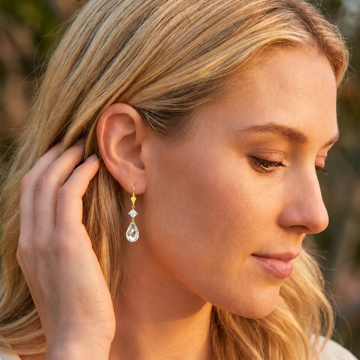 Yellow Gold Petal Earrings White Topaz 10K — Fabiola