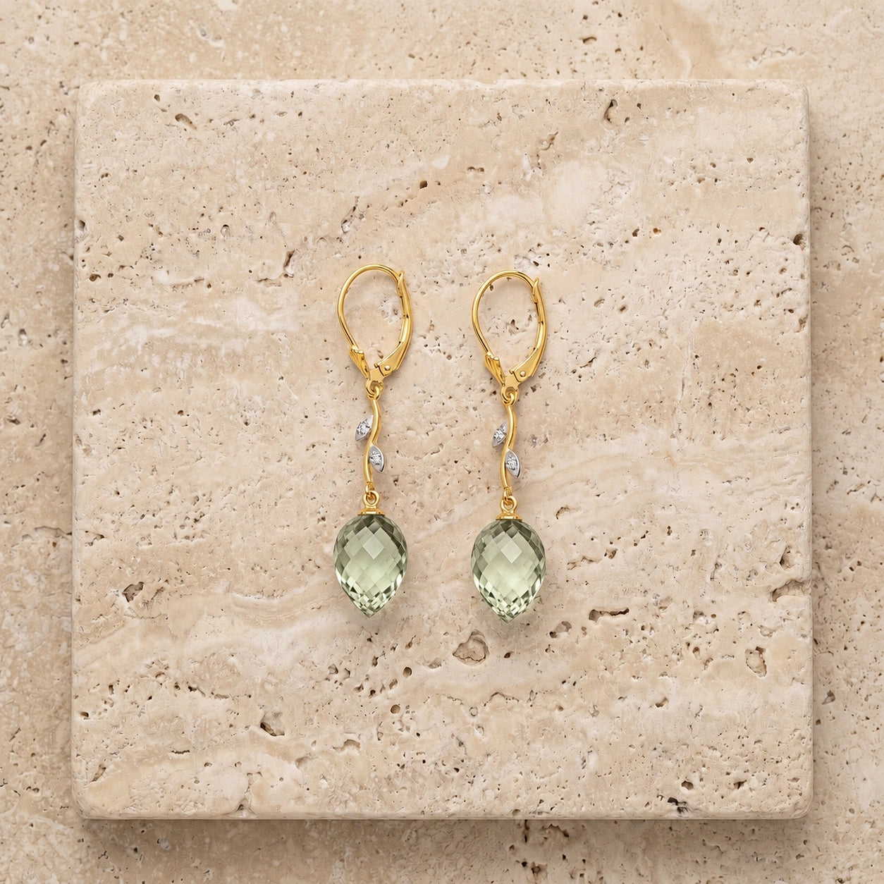 Yellow Gold Earrings Green Amethyst 10K — Severina