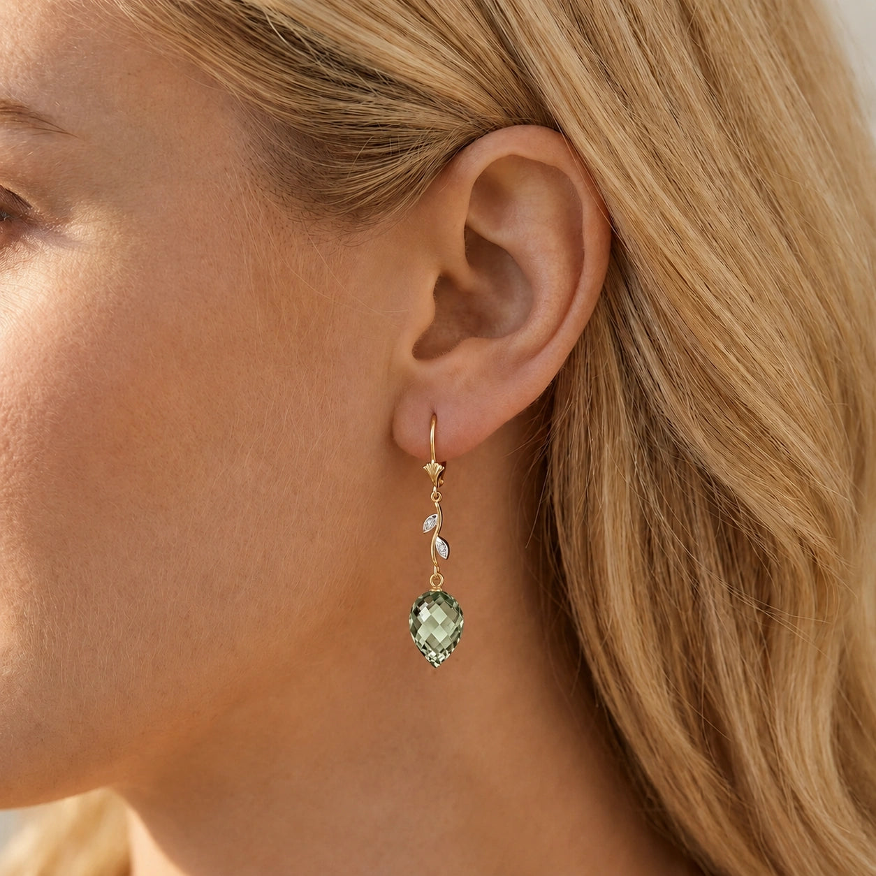 Yellow Gold Earrings Green Amethyst 10K — Severina