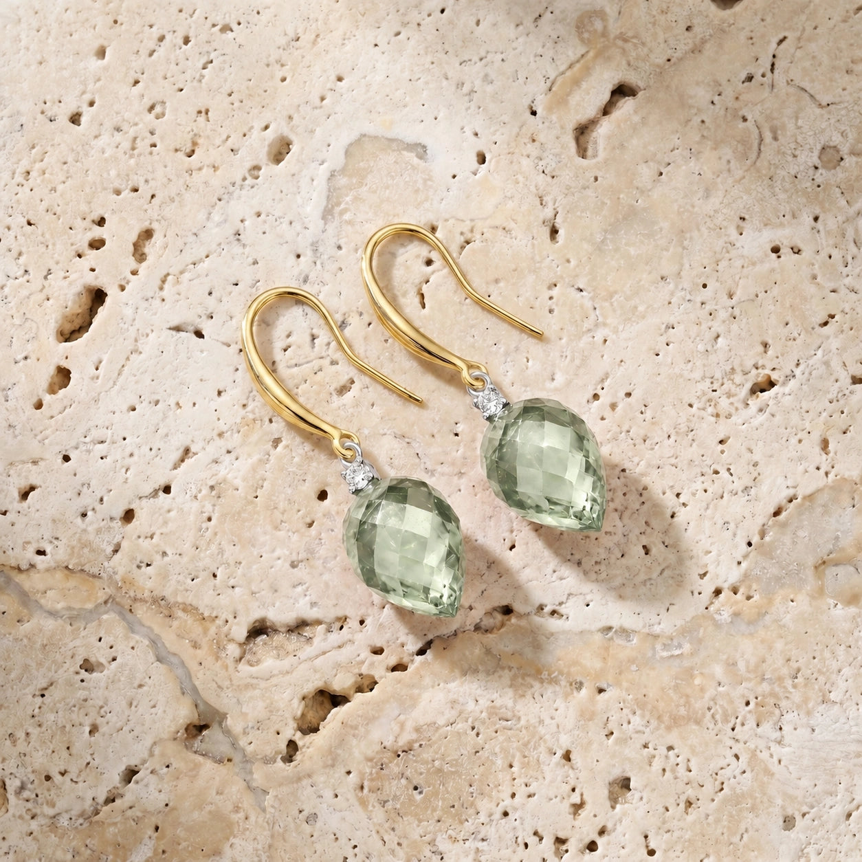 Yellow Gold Earrings Green Amethyst 10K — Rosangela