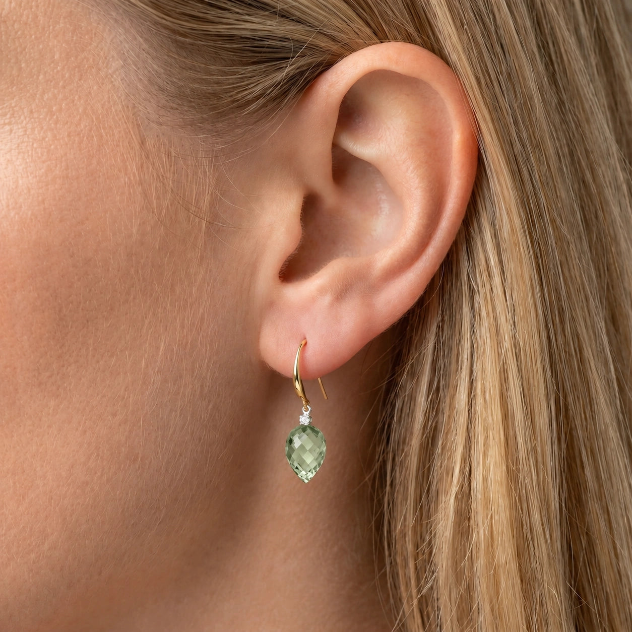 Yellow Gold Earrings Green Amethyst 10K — Rosangela