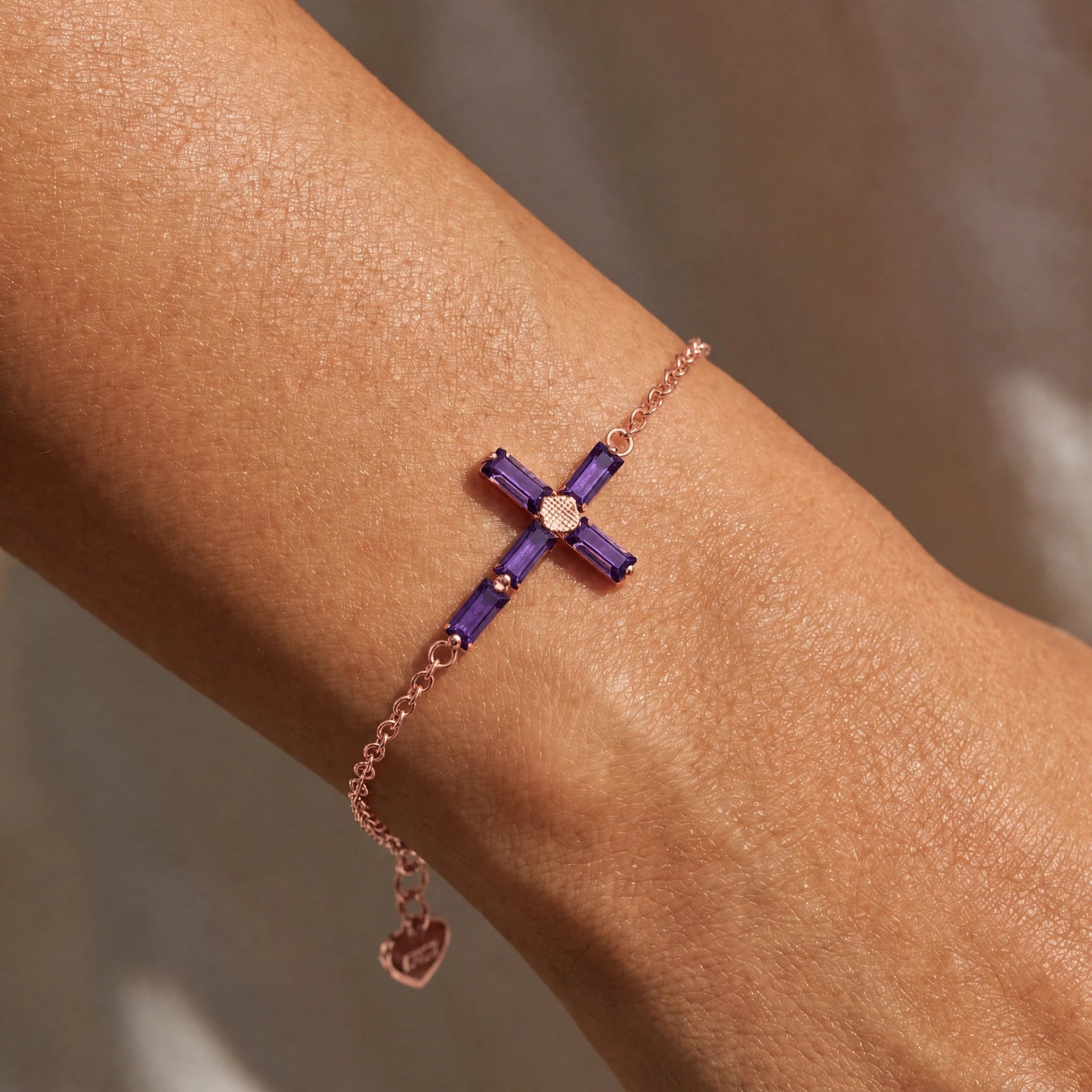 Rose Gold Cross Bracelet Amethyst 10K — Ines
