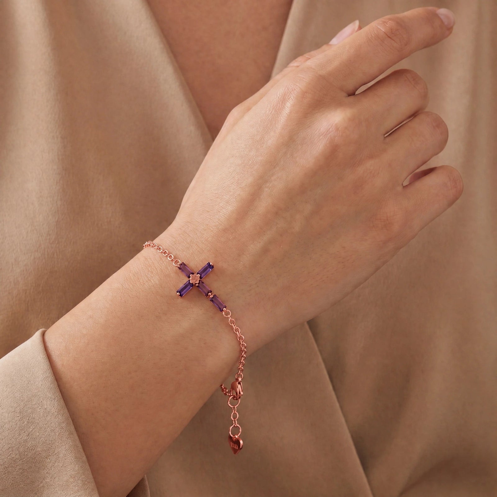 Rose Gold Cross Bracelet Amethyst 10K — Ines