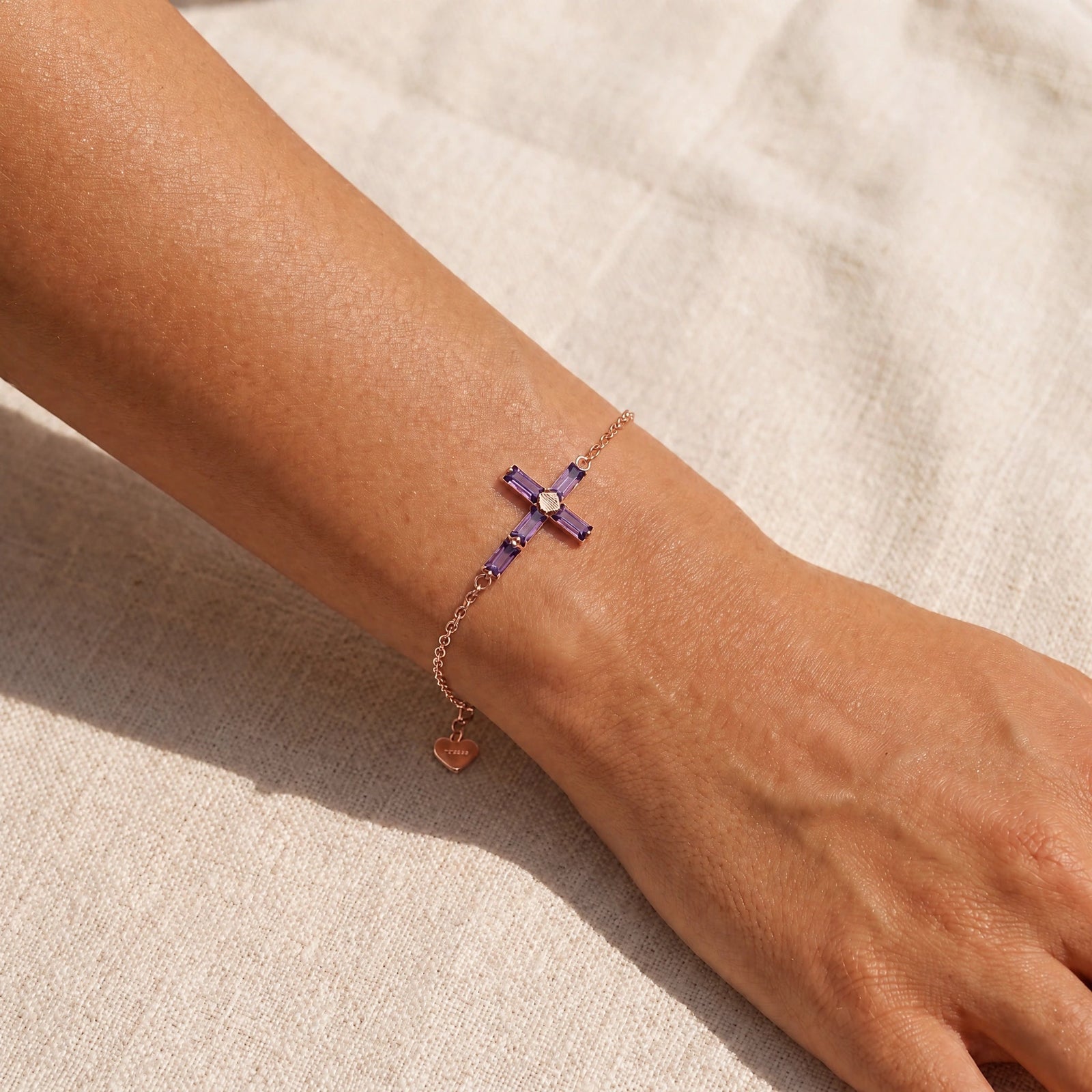 Rose Gold Cross Bracelet Amethyst 10K — Ines