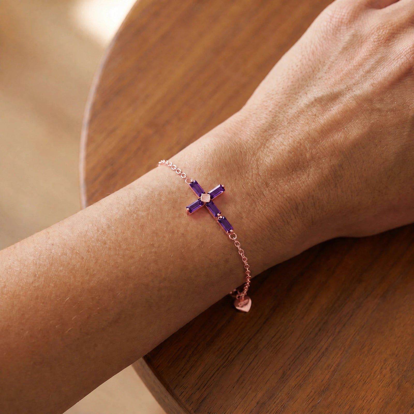Rose Gold Cross Bracelet Amethyst 10K — Ines