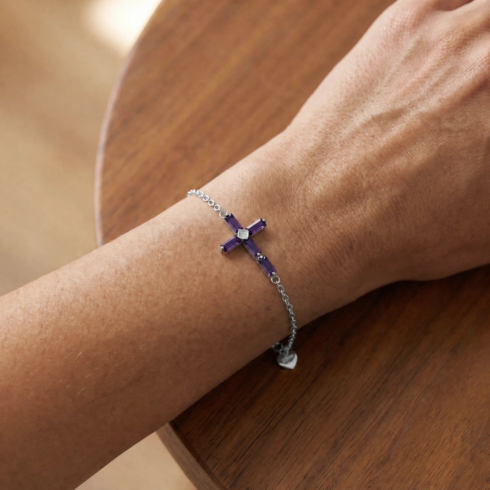 White Gold Cross Bracelet Amethyst 10K — Ines