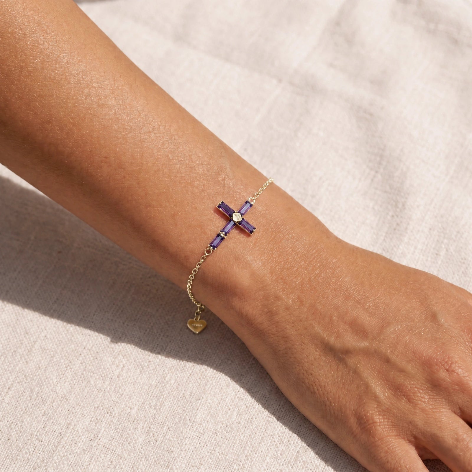 Yellow Gold Cross Bracelet Amethyst 10K — Ines
