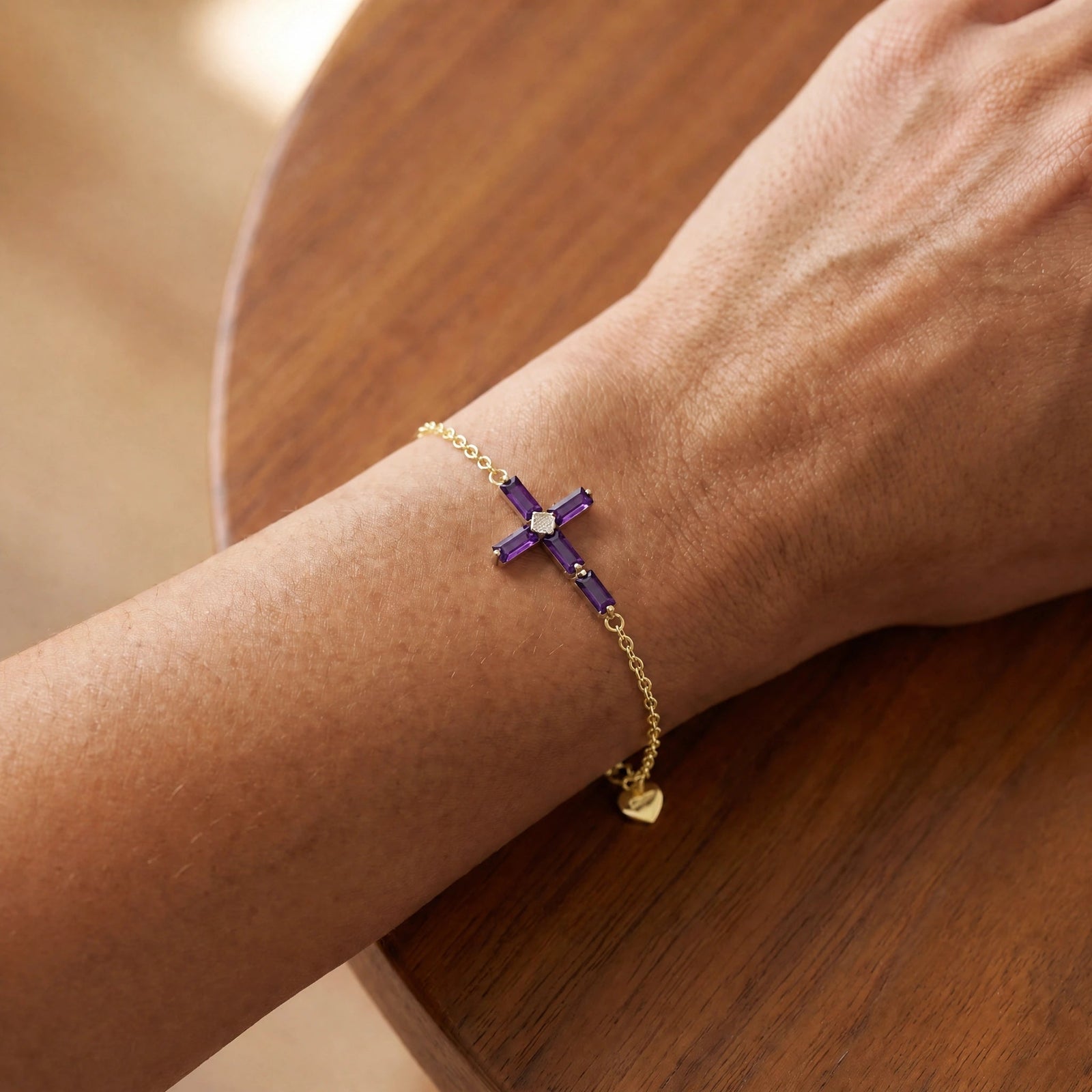 Yellow Gold Cross Bracelet Amethyst 10K — Ines