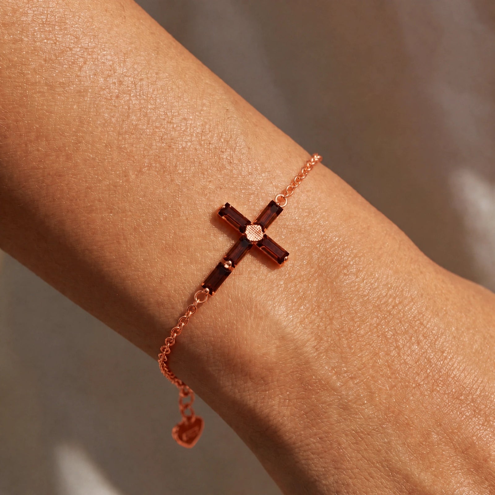 Rose Gold Cross Bracelet Garnet 10K — Ines