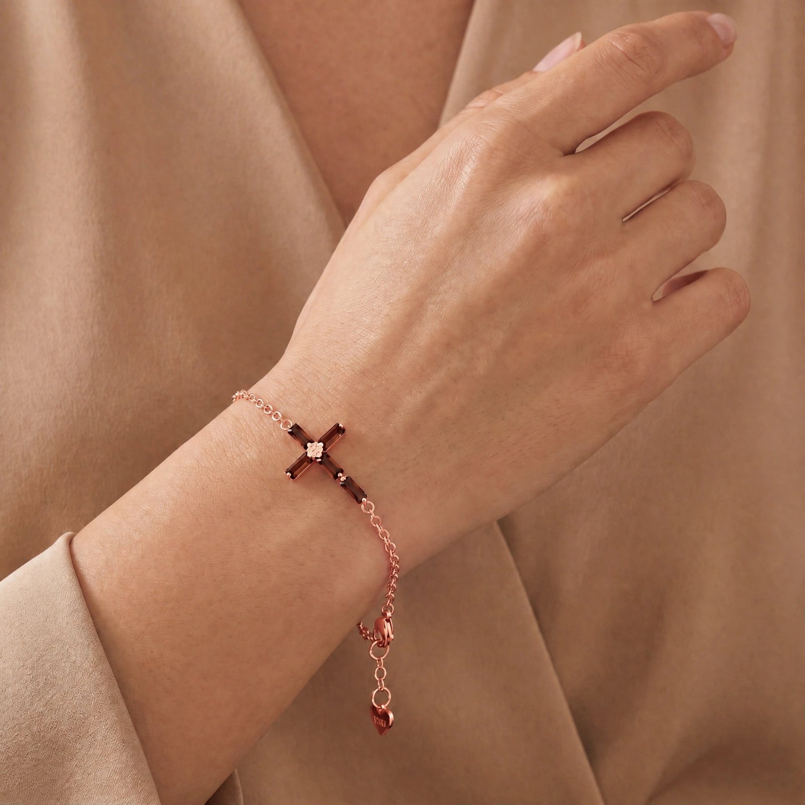 Rose Gold Cross Bracelet Garnet 10K — Ines
