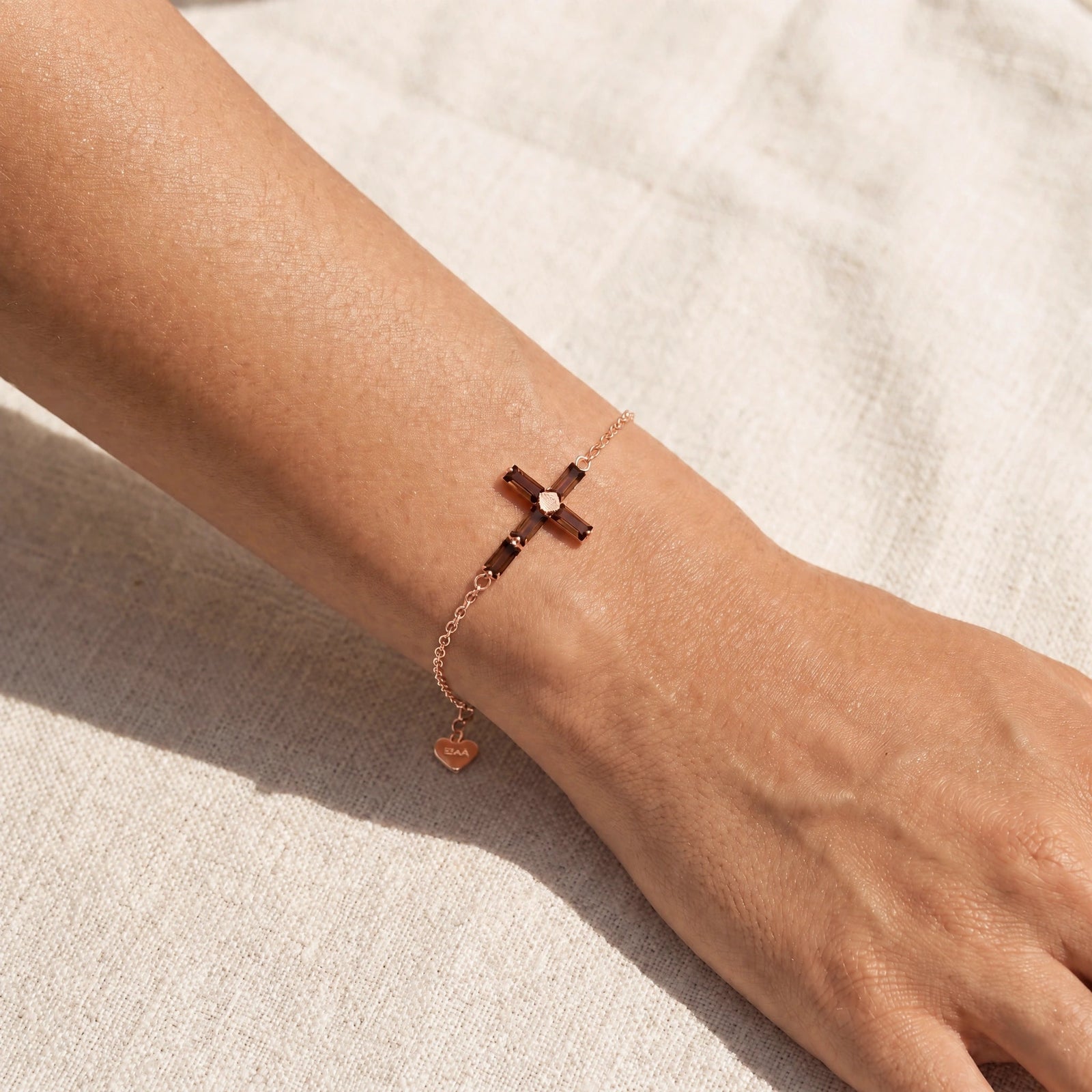 Rose Gold Cross Bracelet Garnet 10K — Ines