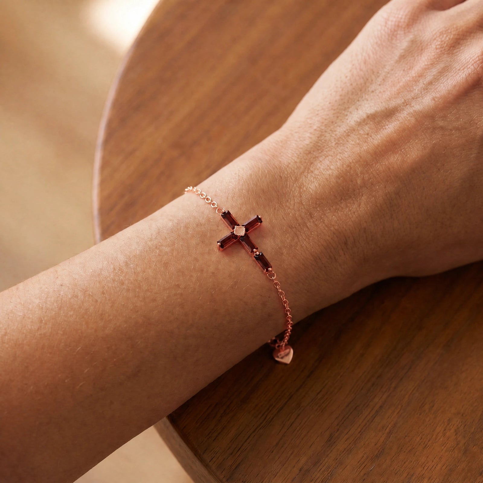 Rose Gold Cross Bracelet Garnet 10K — Ines