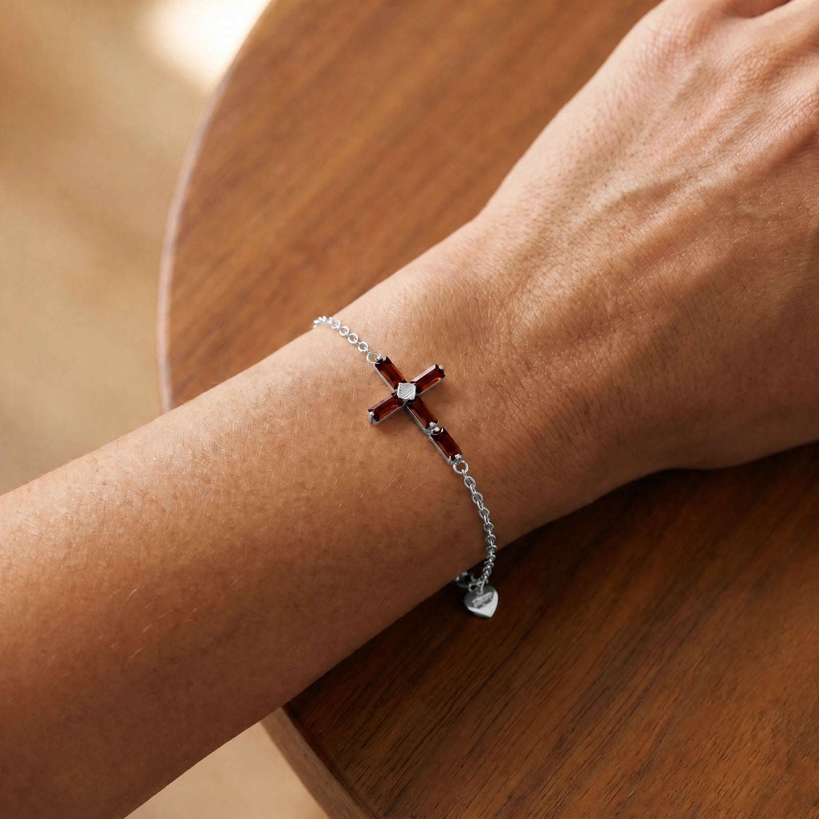 White Gold Cross Bracelet Garnet 10K — Ines