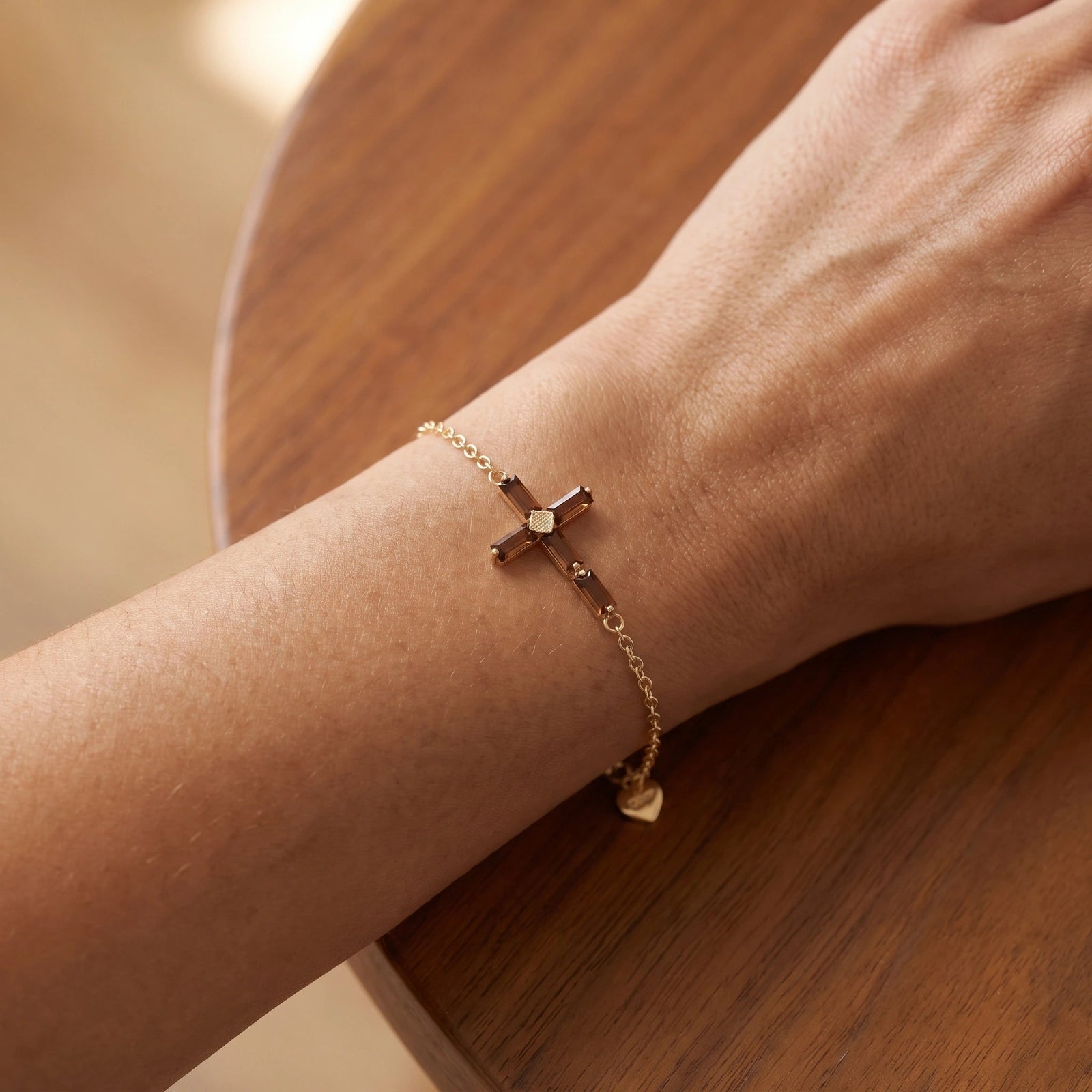 Yellow Gold Cross Bracelet Garnet 10K — Ines