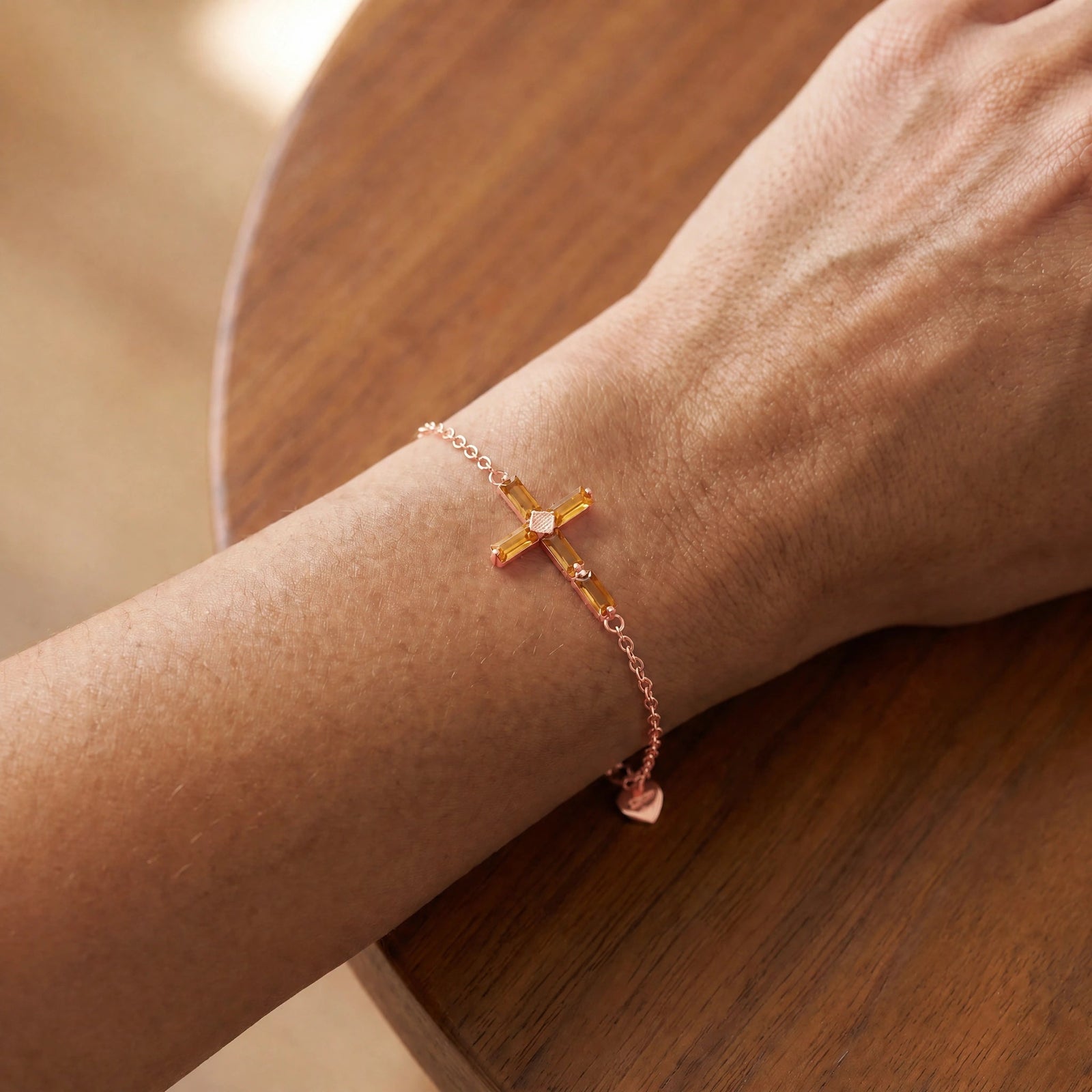 Rose Gold Cross Bracelet Citrine 10K — Ines