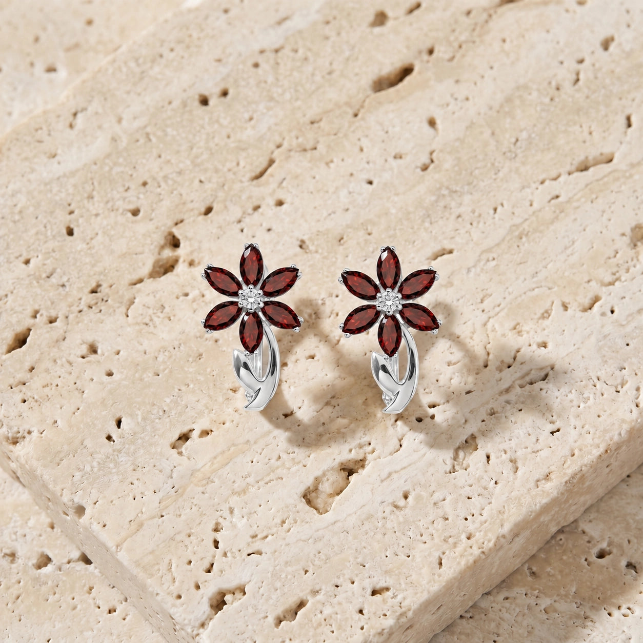 White Gold Earrings Garnet 10K — Carolina