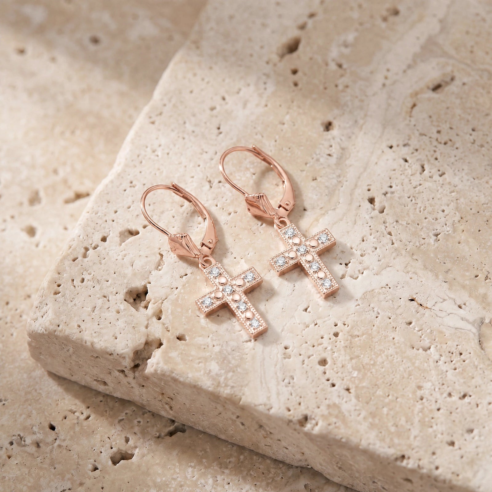 Rose Gold Heritage Cross Drop Earrings Diamond 10K — Nicoletta