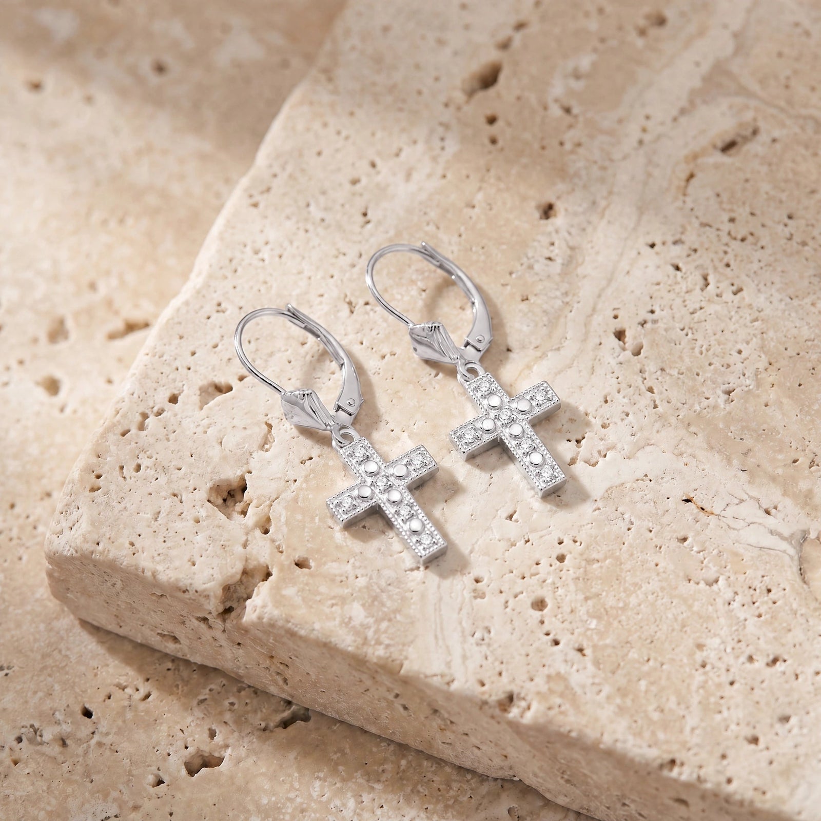 White Gold Heritage Cross Drop Earrings Diamond 10K — Nicoletta