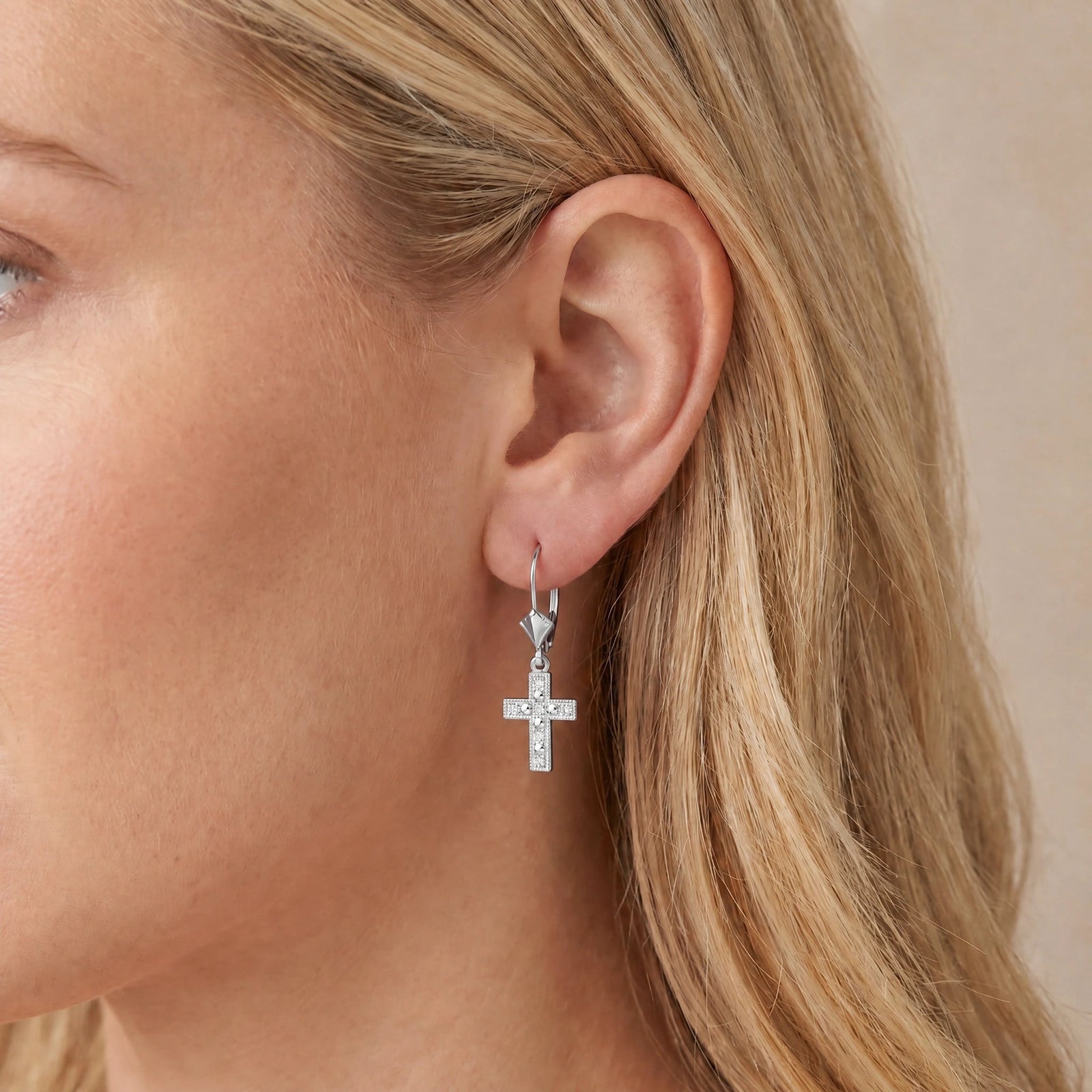 White Gold Heritage Cross Drop Earrings Diamond 10K — Nicoletta