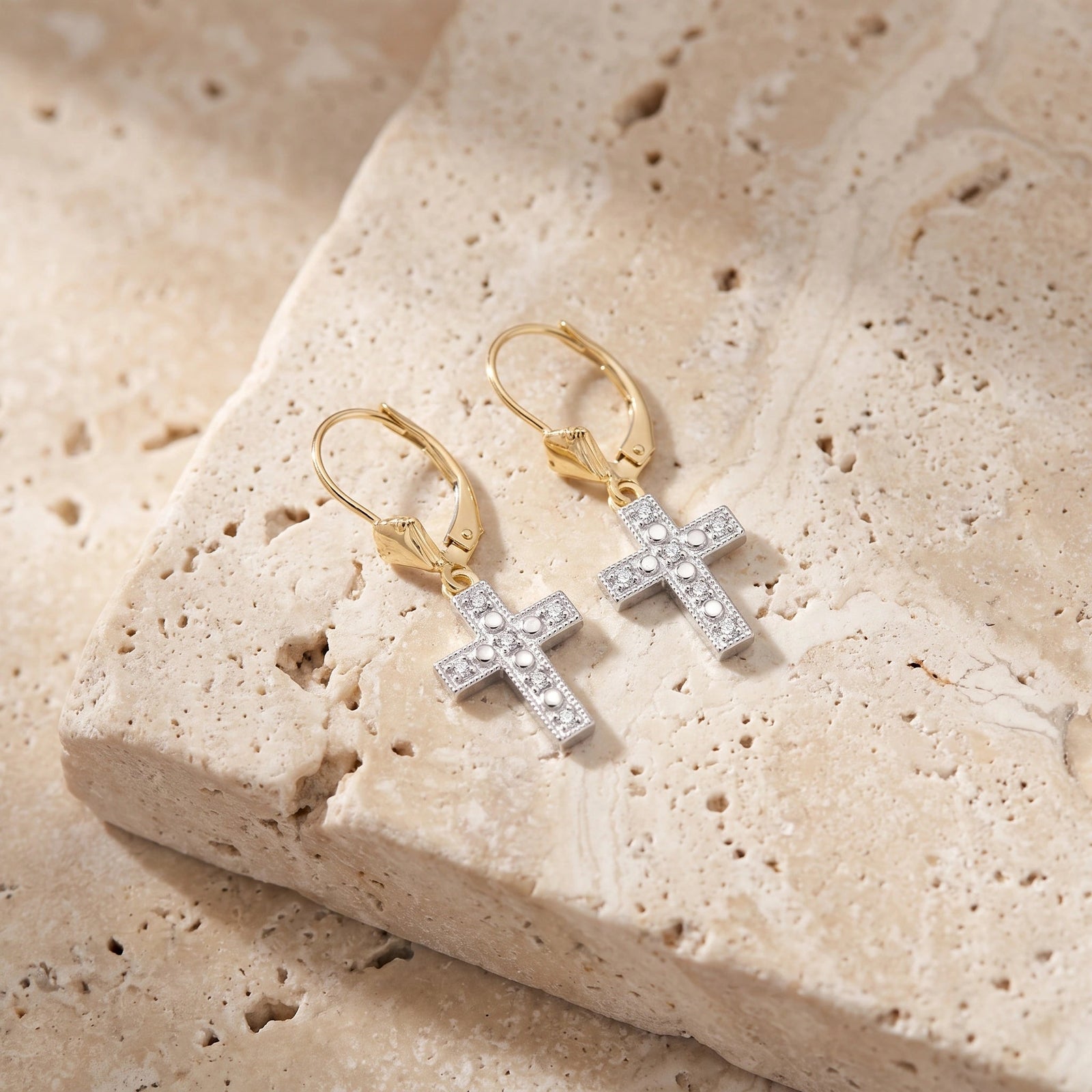 Yellow Gold Heritage Cross Drop Earrings Diamond 10K — Nicoletta