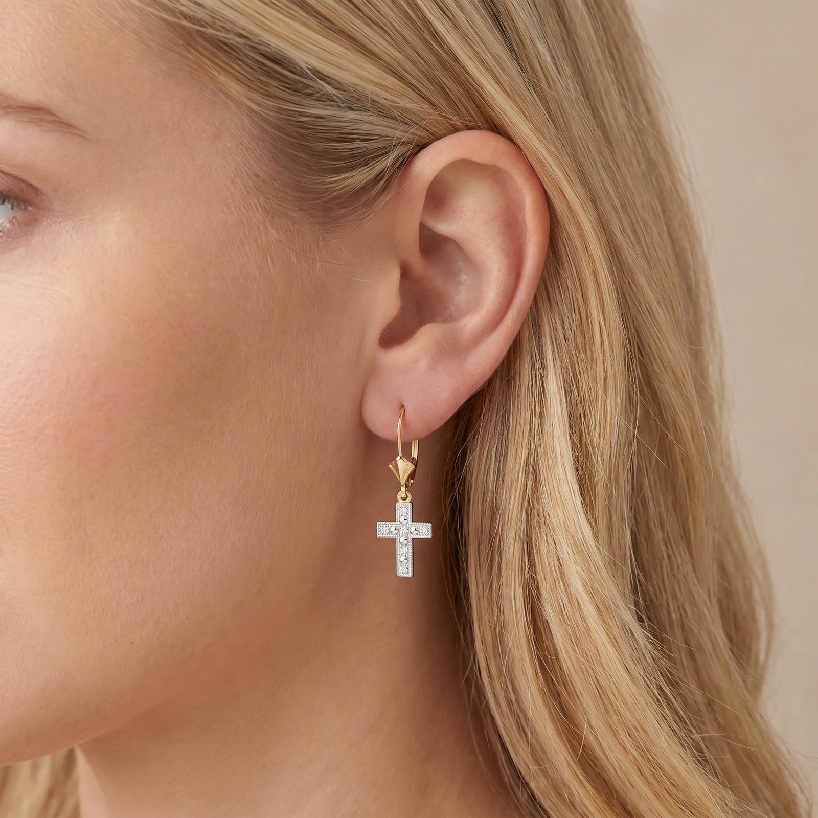 Yellow Gold Heritage Cross Drop Earrings Diamond 10K — Nicoletta