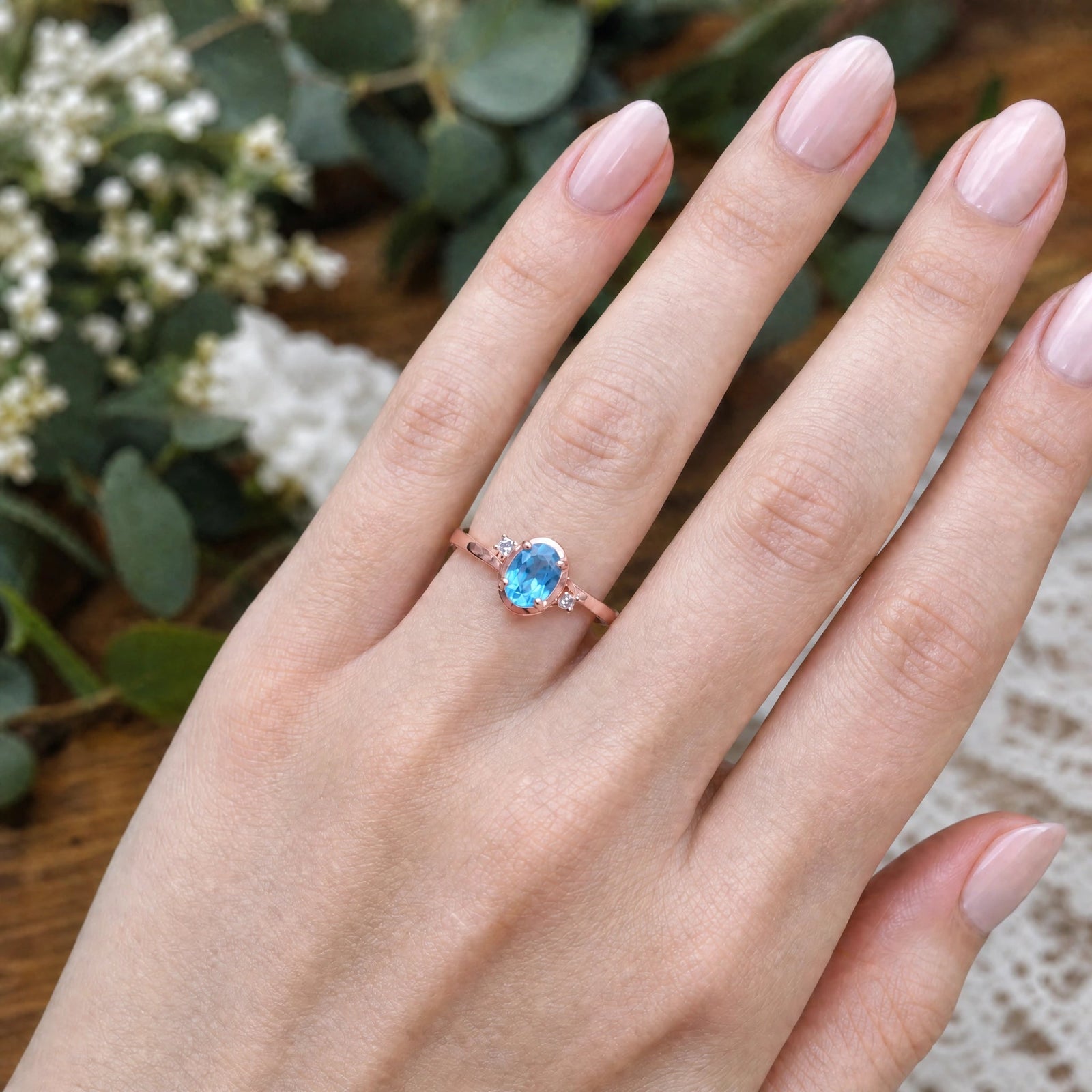 Rose Gold Grace Ring Blue Topaz 10K — Celeste