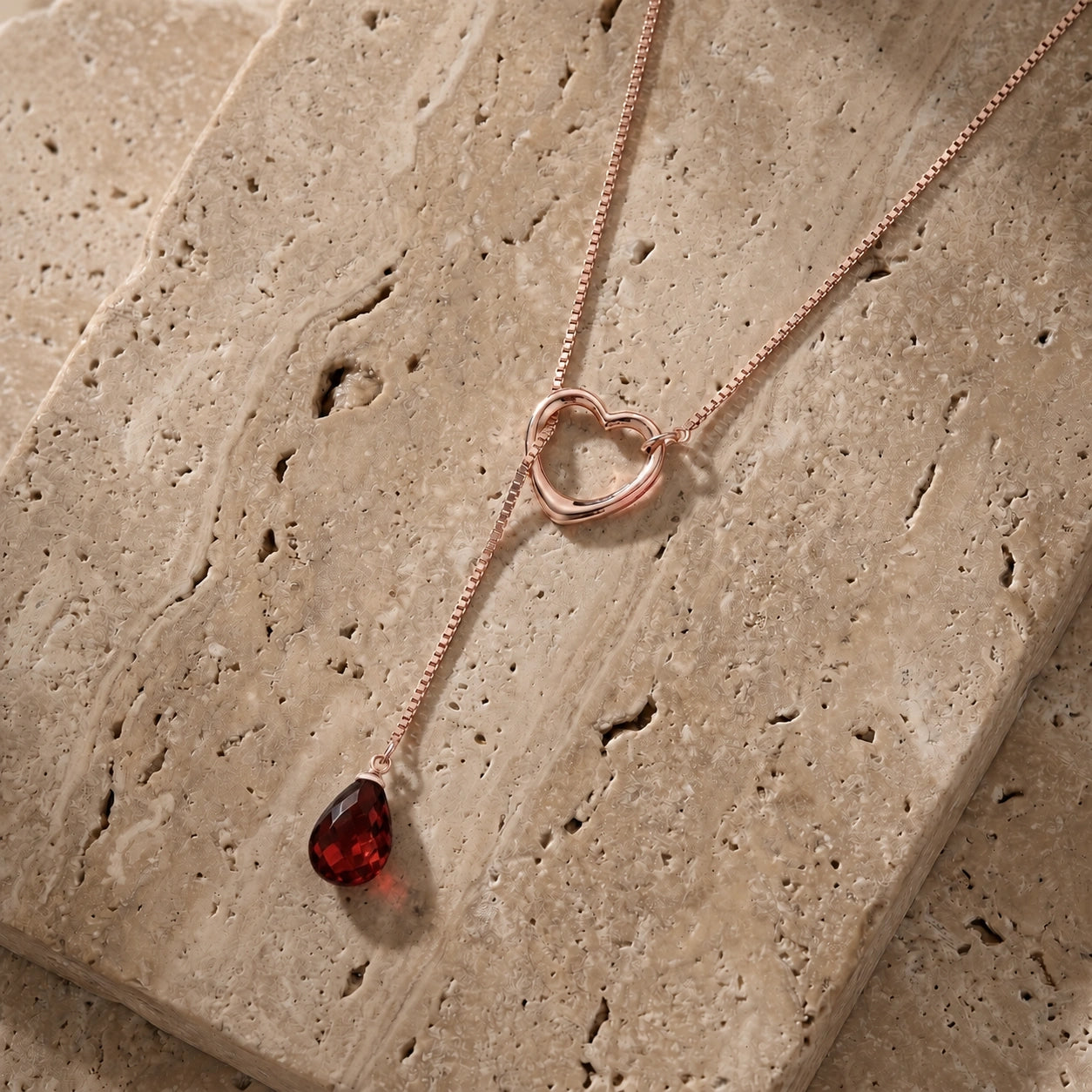 Rose Gold Heart Pendant Drop Necklace Garnet 10K — Lucia