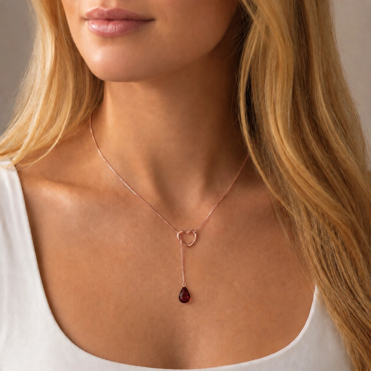 Rose Gold Heart Pendant Drop Necklace Garnet 10K — Lucia