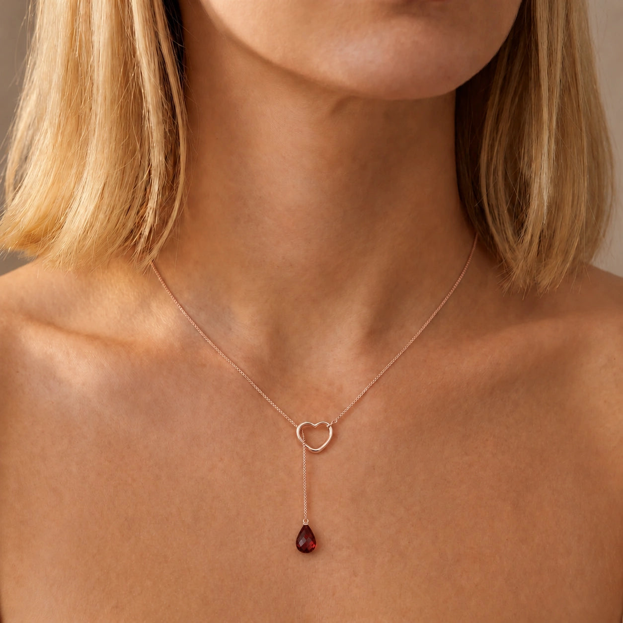 Rose Gold Heart Pendant Drop Necklace Garnet 10K — Lucia