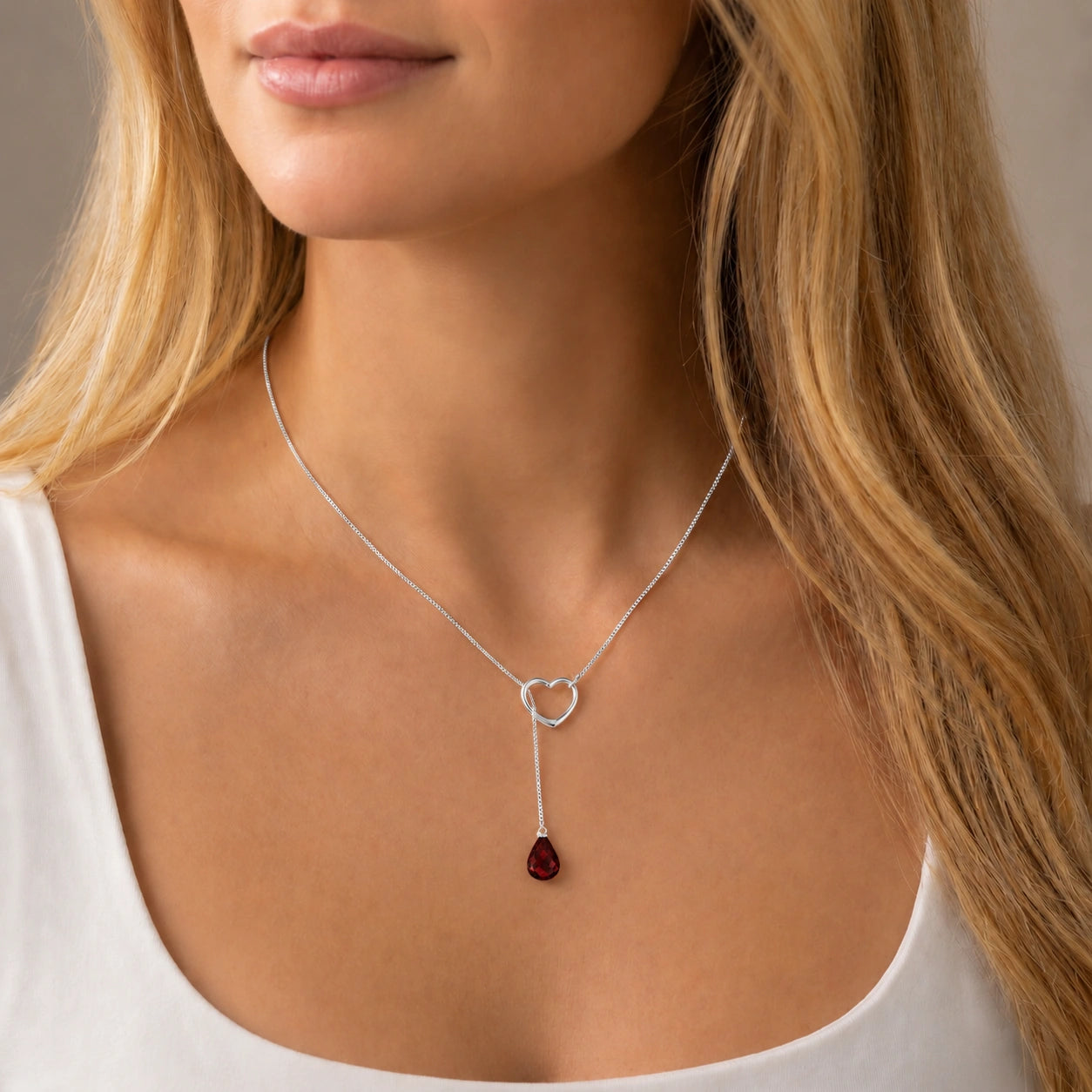 White Gold Heart Pendant Drop Necklace Garnet 10K — Lucia