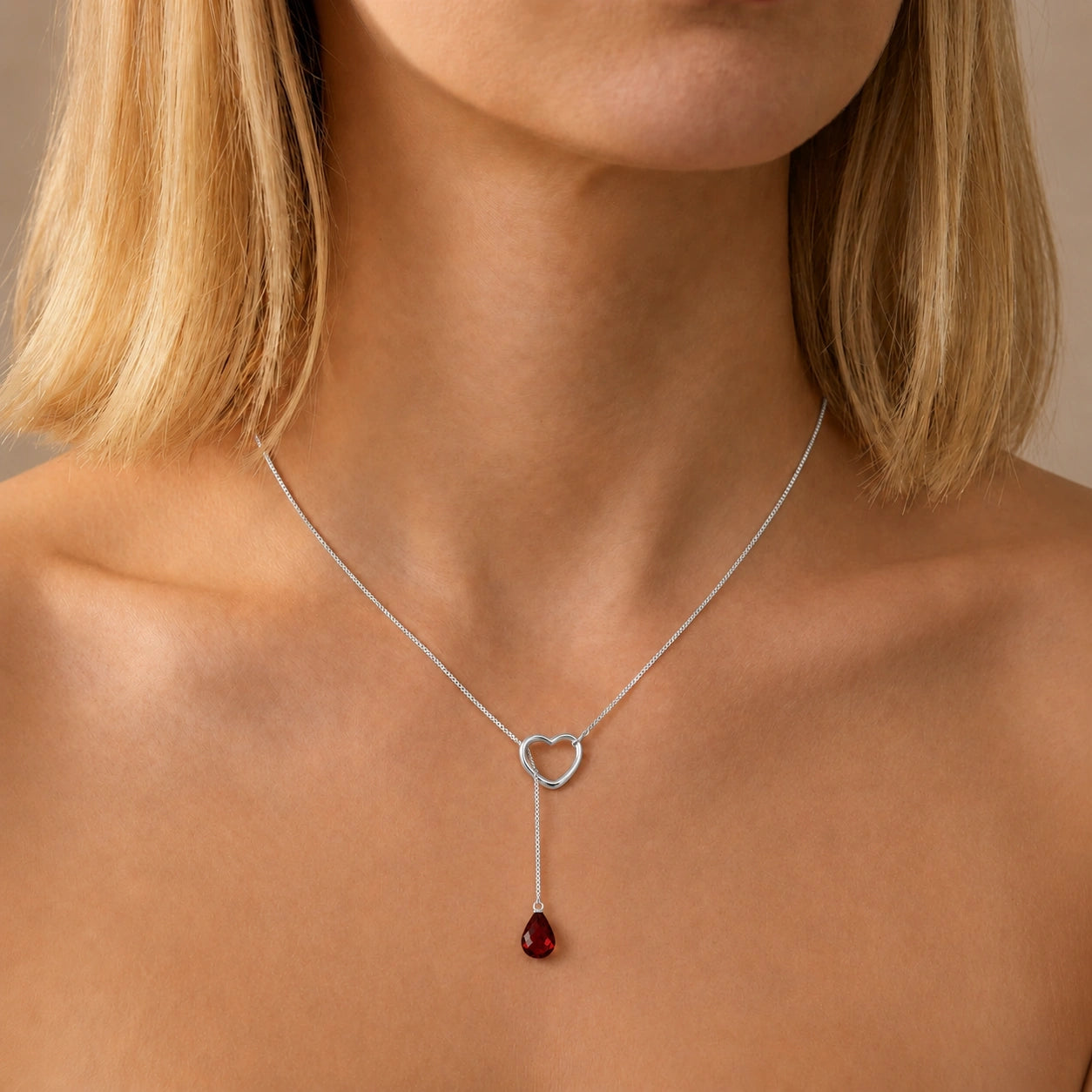 White Gold Heart Pendant Drop Necklace Garnet 10K — Lucia