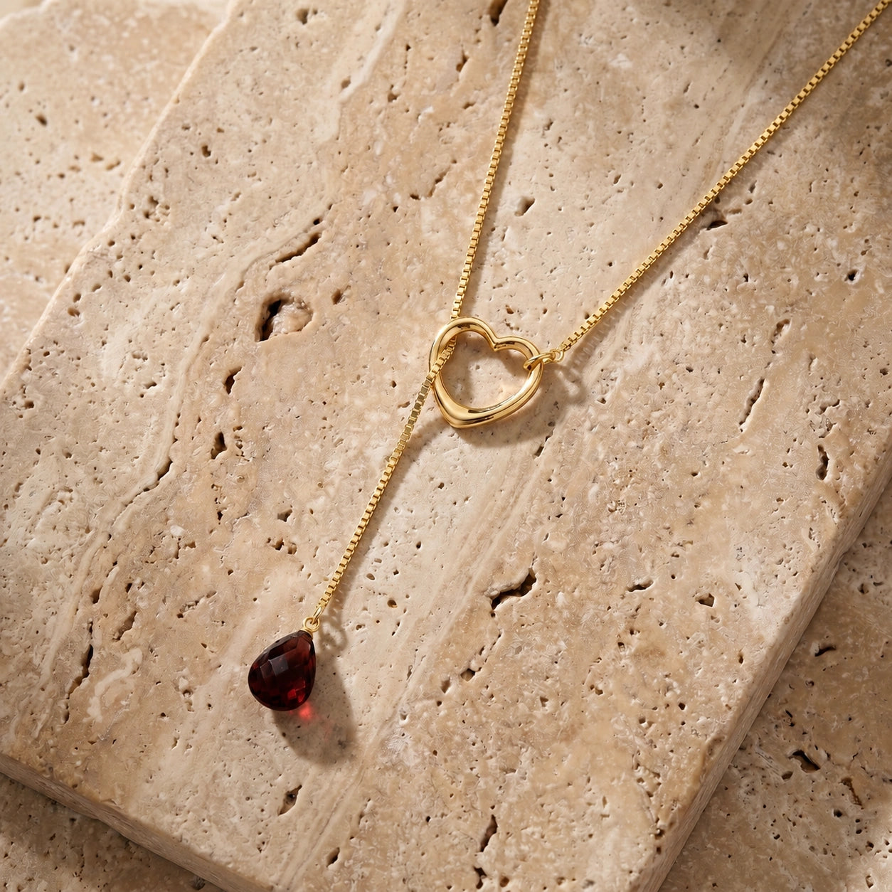 Yellow Gold Heart Pendant Drop Necklace Garnet 10K — Lucia