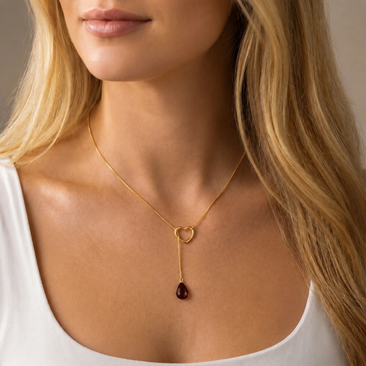 Yellow Gold Heart Pendant Drop Necklace Garnet 10K — Lucia