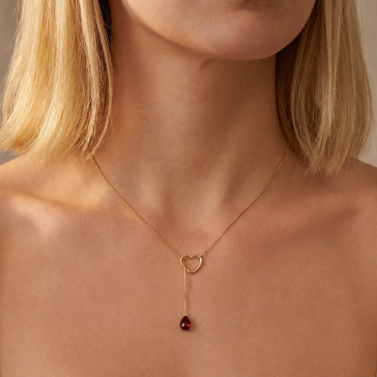 Yellow Gold Heart Pendant Drop Necklace Garnet 10K — Lucia