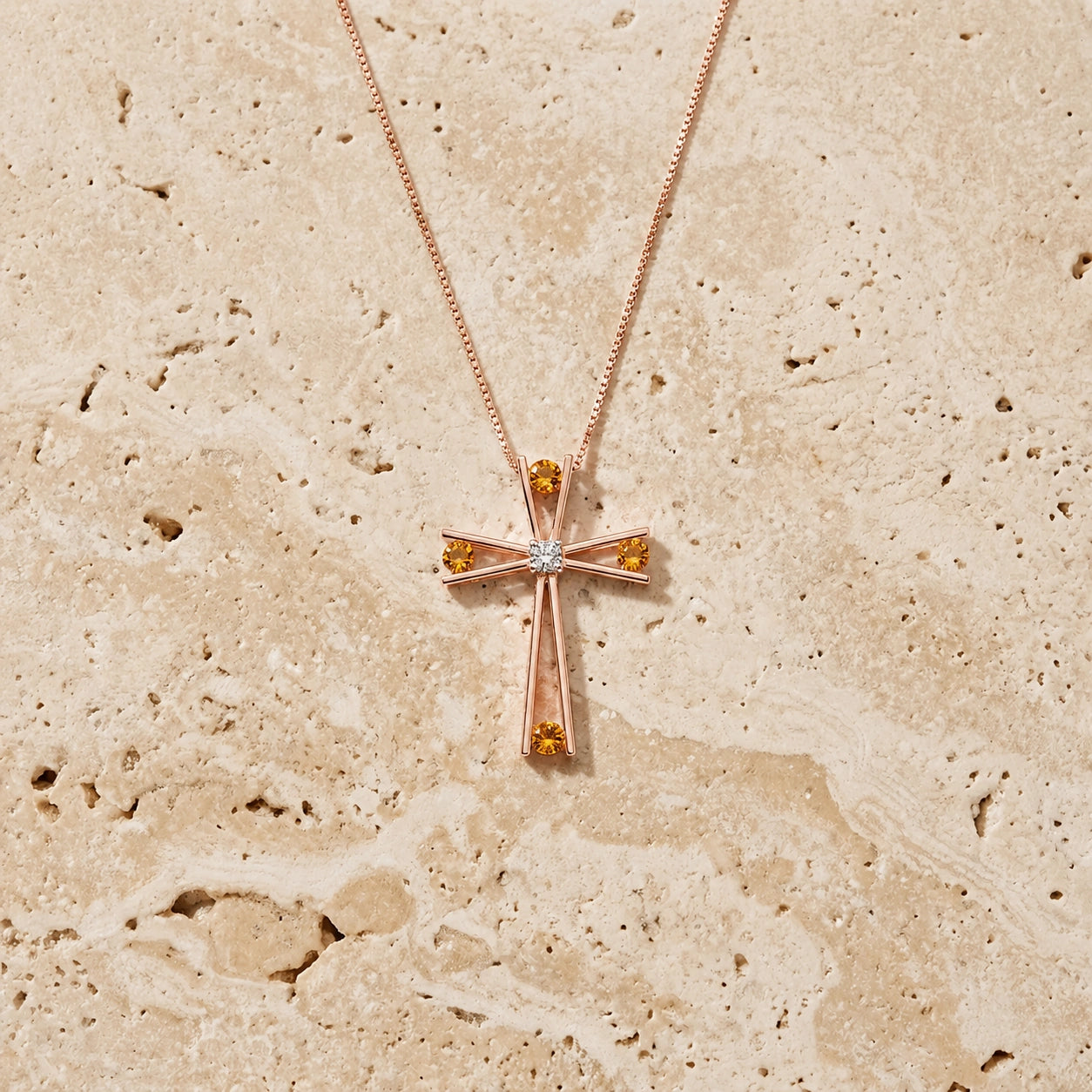 Rose Gold Abstract Cross Pendant Necklace Citrine 10K — Silvana