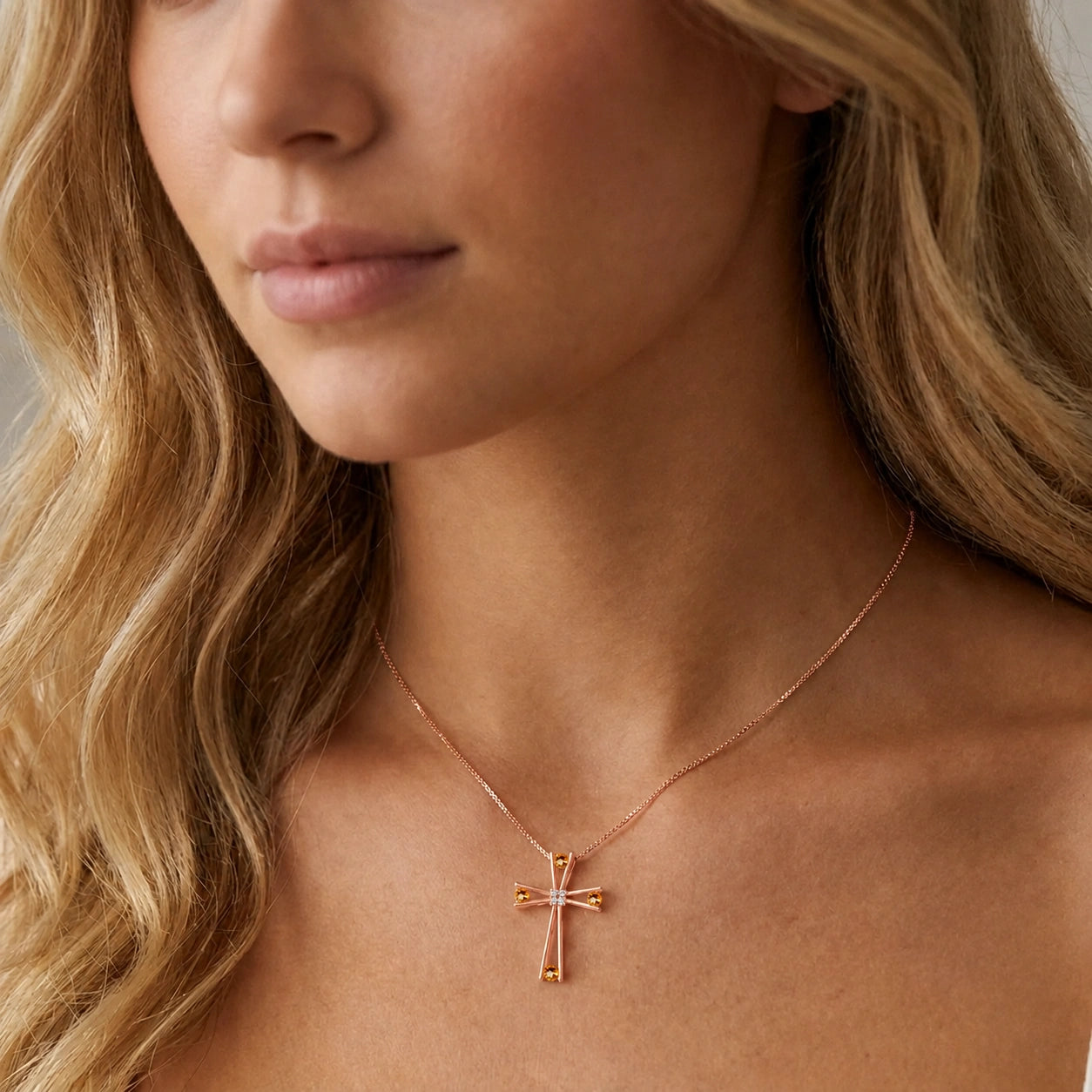 Rose Gold Abstract Cross Pendant Necklace Citrine 10K — Silvana
