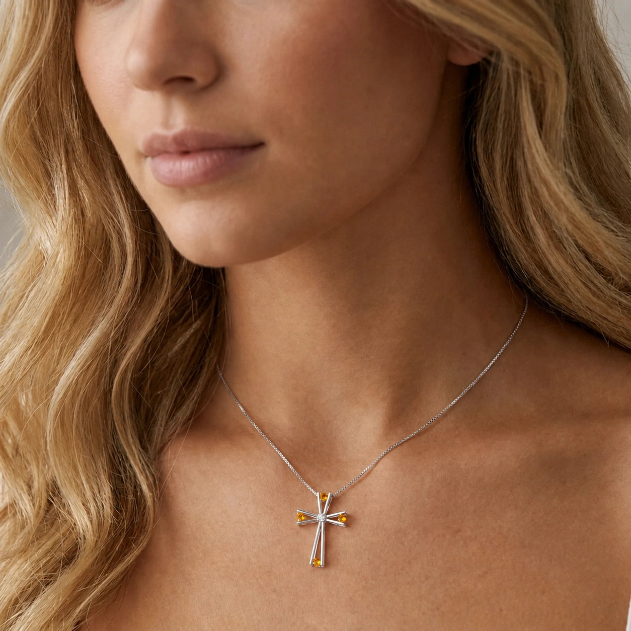 White Gold Abstract Cross Pendant Necklace Citrine 10K — Silvana