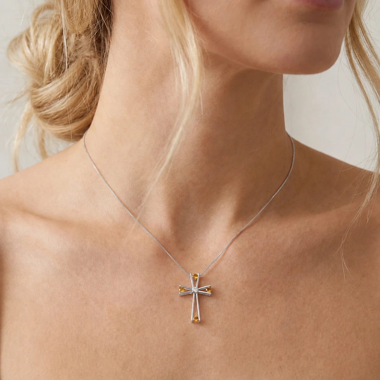 White Gold Abstract Cross Pendant Necklace Citrine 10K — Silvana