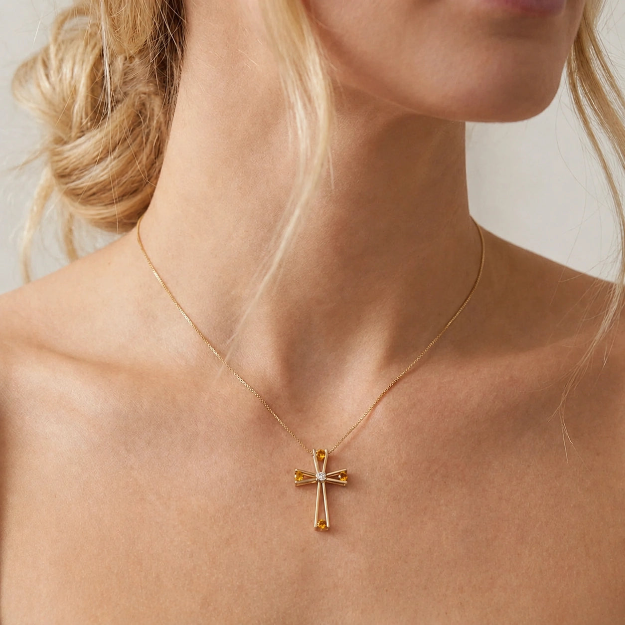 Yellow Gold Abstract Cross Pendant Necklace Citrine 10K — Silvana