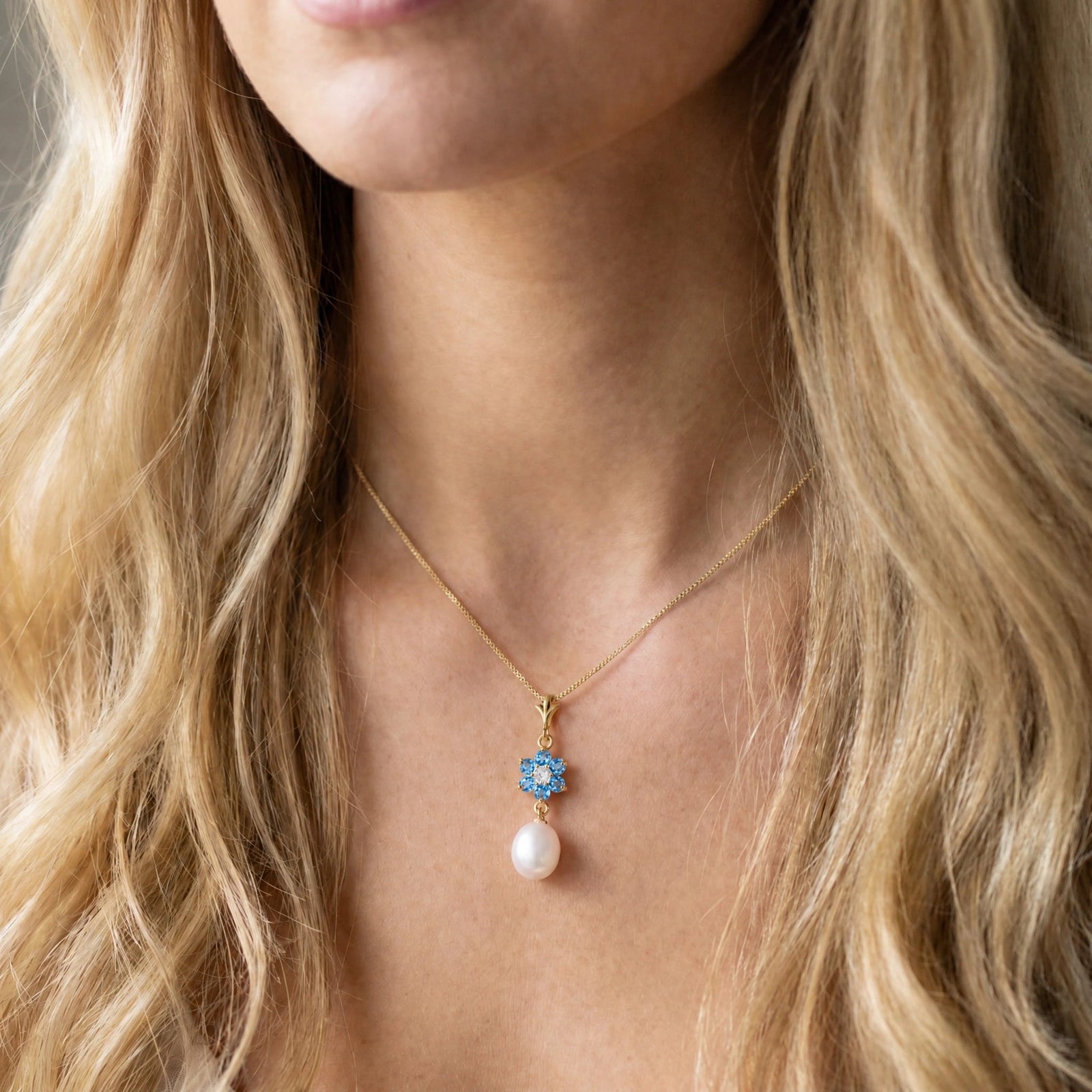 Yellow Gold Diamond & Pearl & Blue Topaz — Mariapace