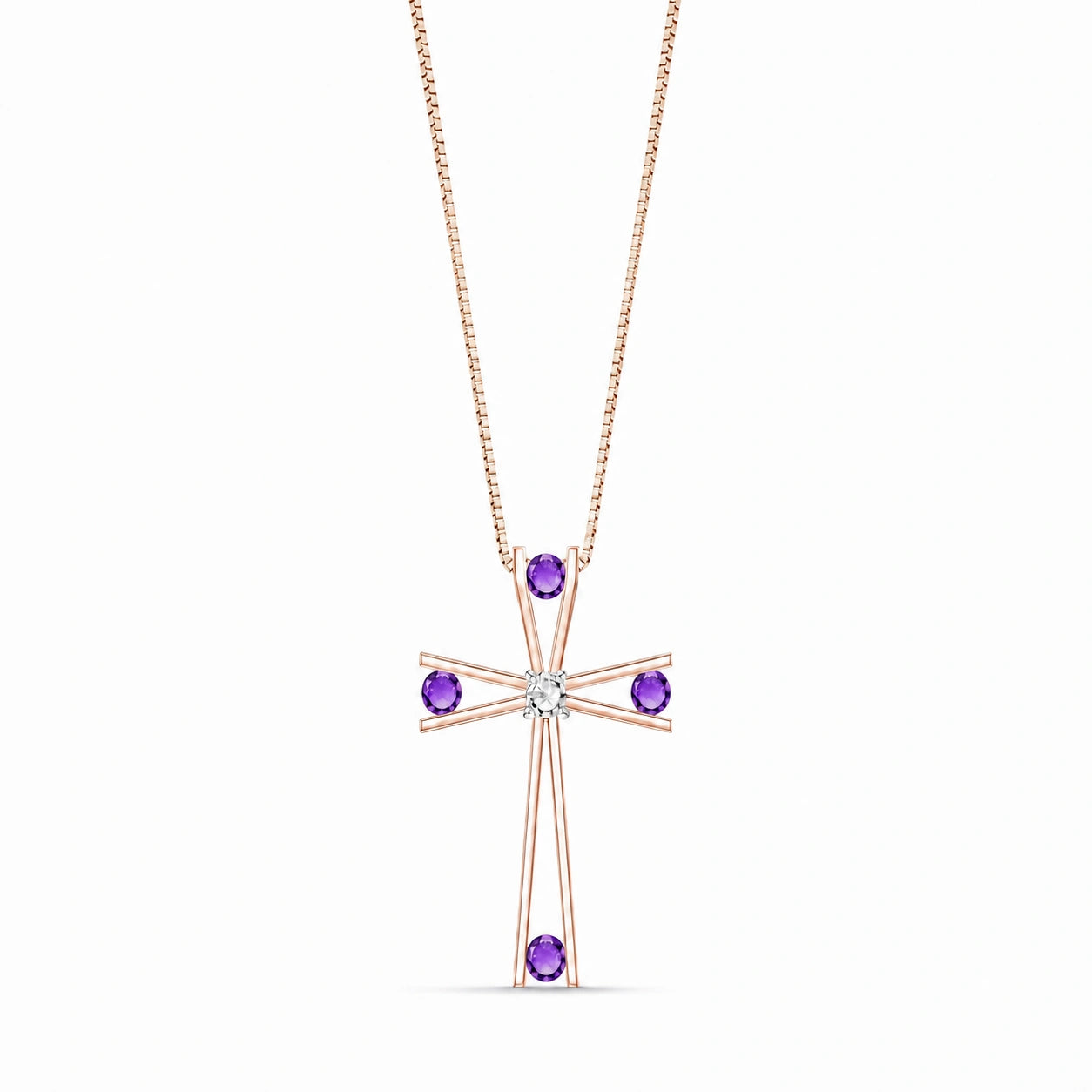 Rose Gold Abstract Cross Pendant Necklace Amethyst 10K — Silvana