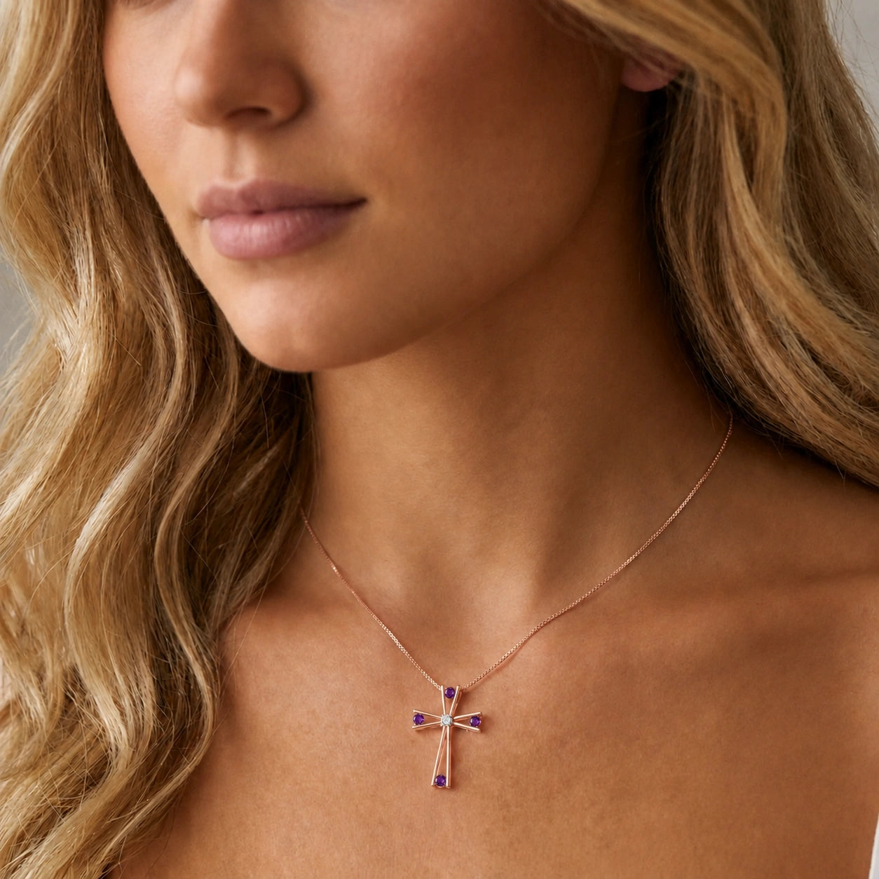 Rose Gold Abstract Cross Pendant Necklace Amethyst 10K — Silvana