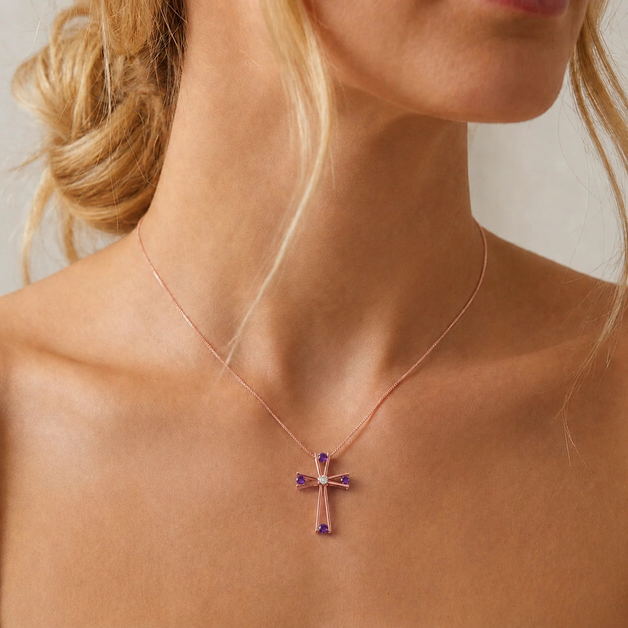 Rose Gold Abstract Cross Pendant Necklace Amethyst 10K — Silvana