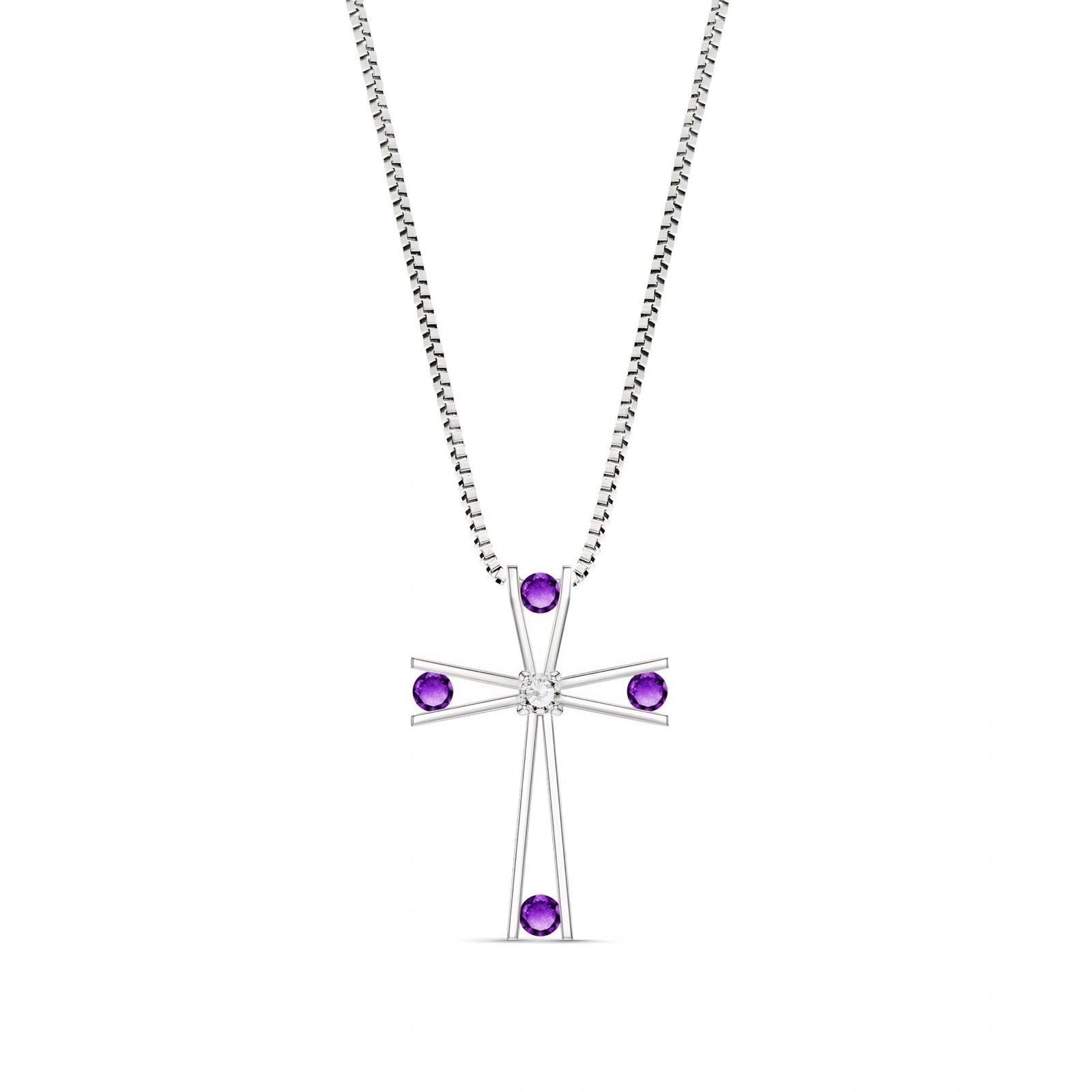 White Gold Abstract Cross Pendant Necklace Amethyst 10K — Silvana