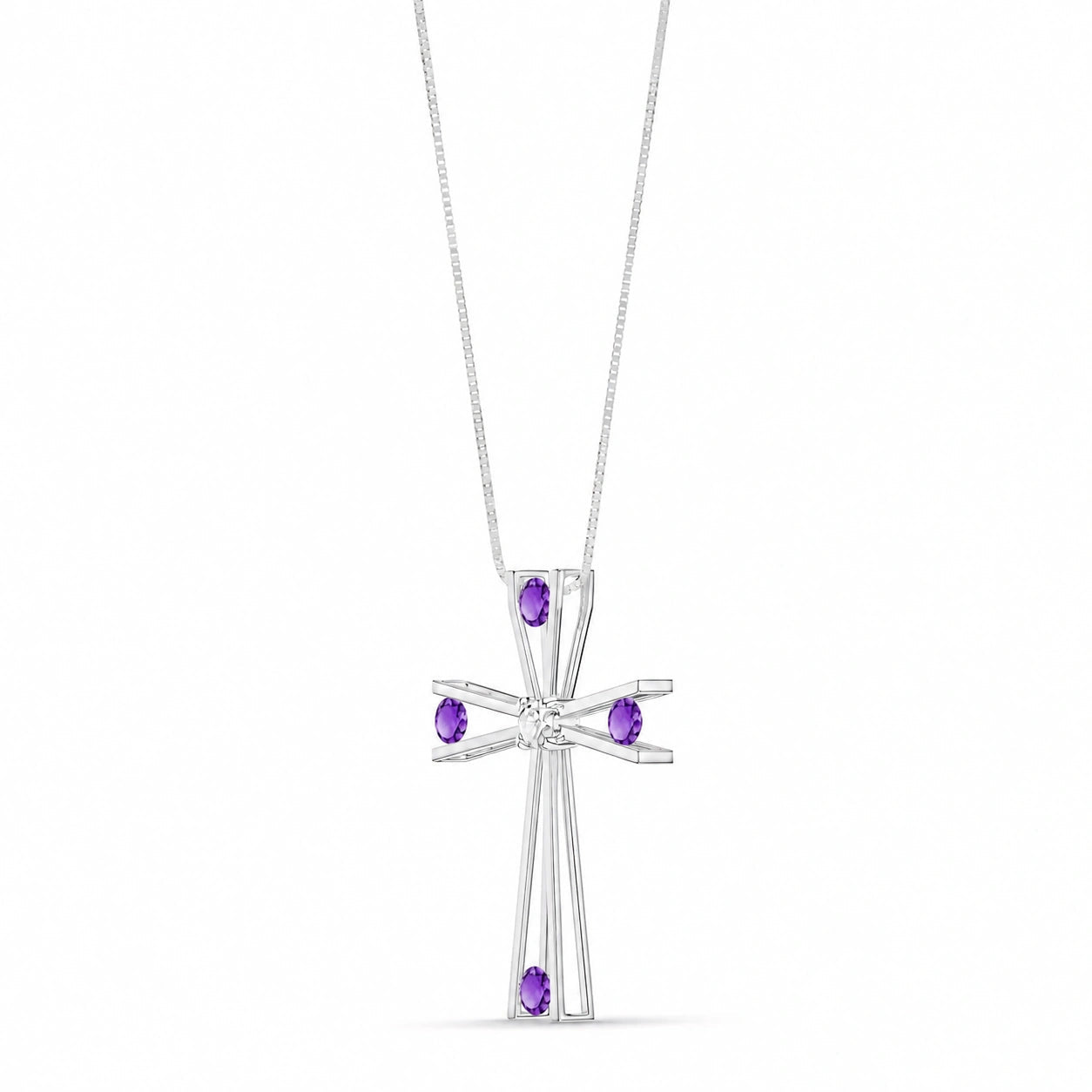 White Gold Abstract Cross Pendant Necklace Amethyst 10K — Silvana
