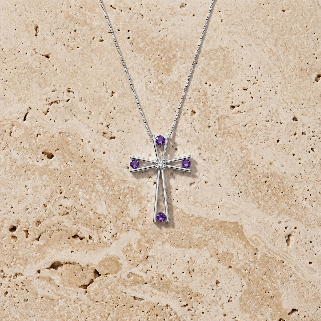 White Gold Abstract Cross Pendant Necklace Amethyst 10K — Silvana