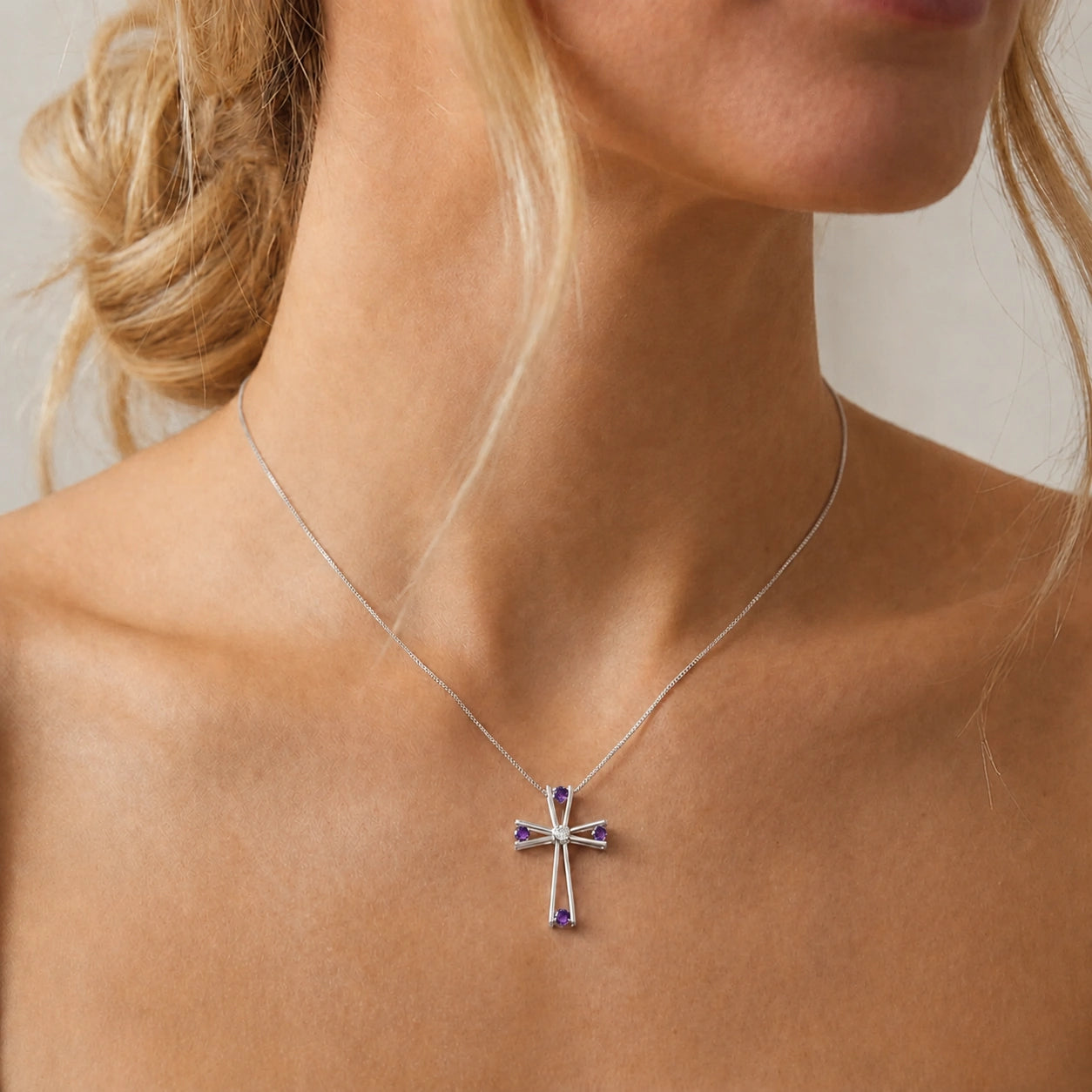 White Gold Abstract Cross Pendant Necklace Amethyst 10K — Silvana